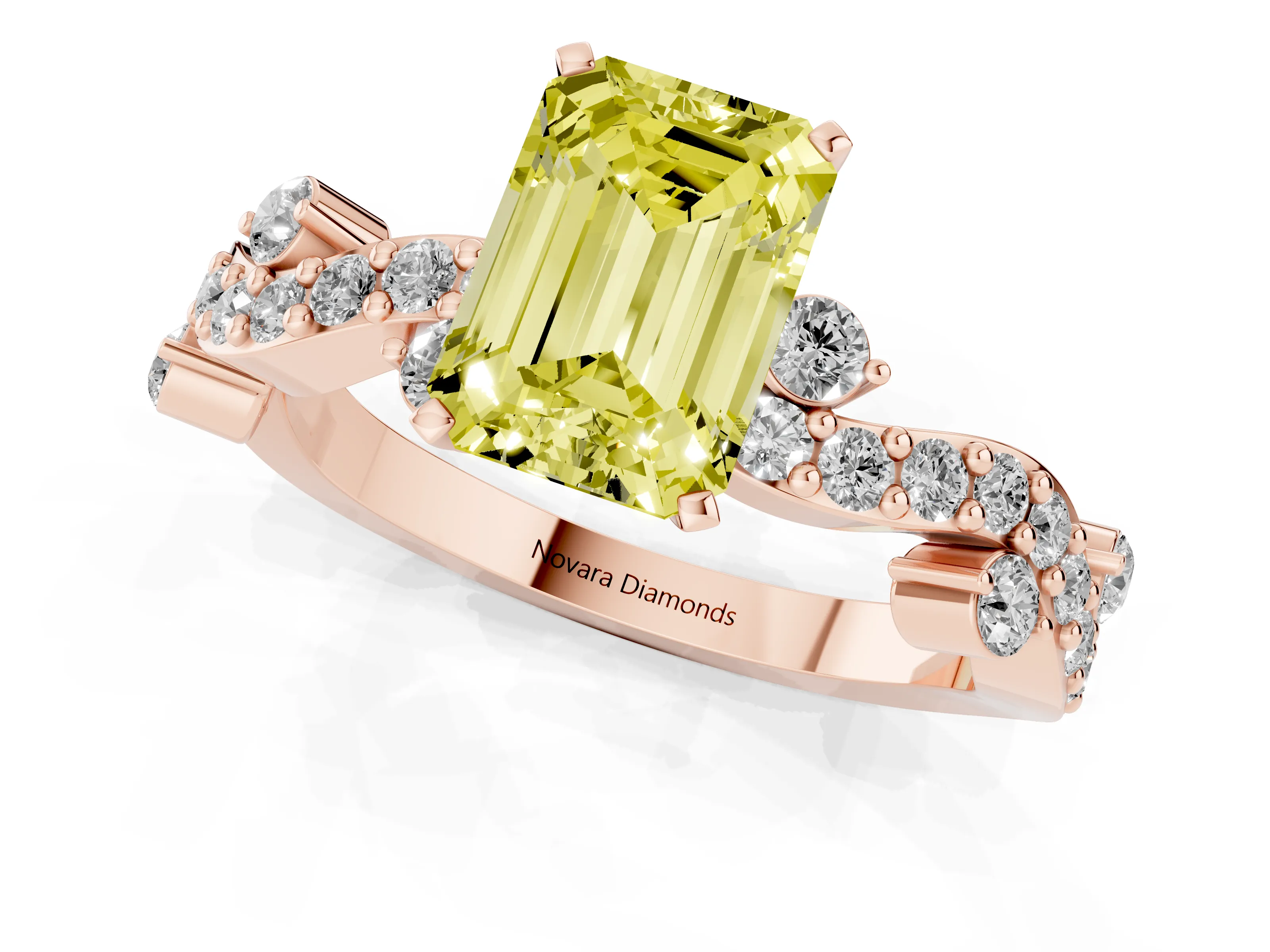 Fancy Yellow Emerald Cut Diamond Solitaire Twisted Band Set in Rose gold with Pavé Setting