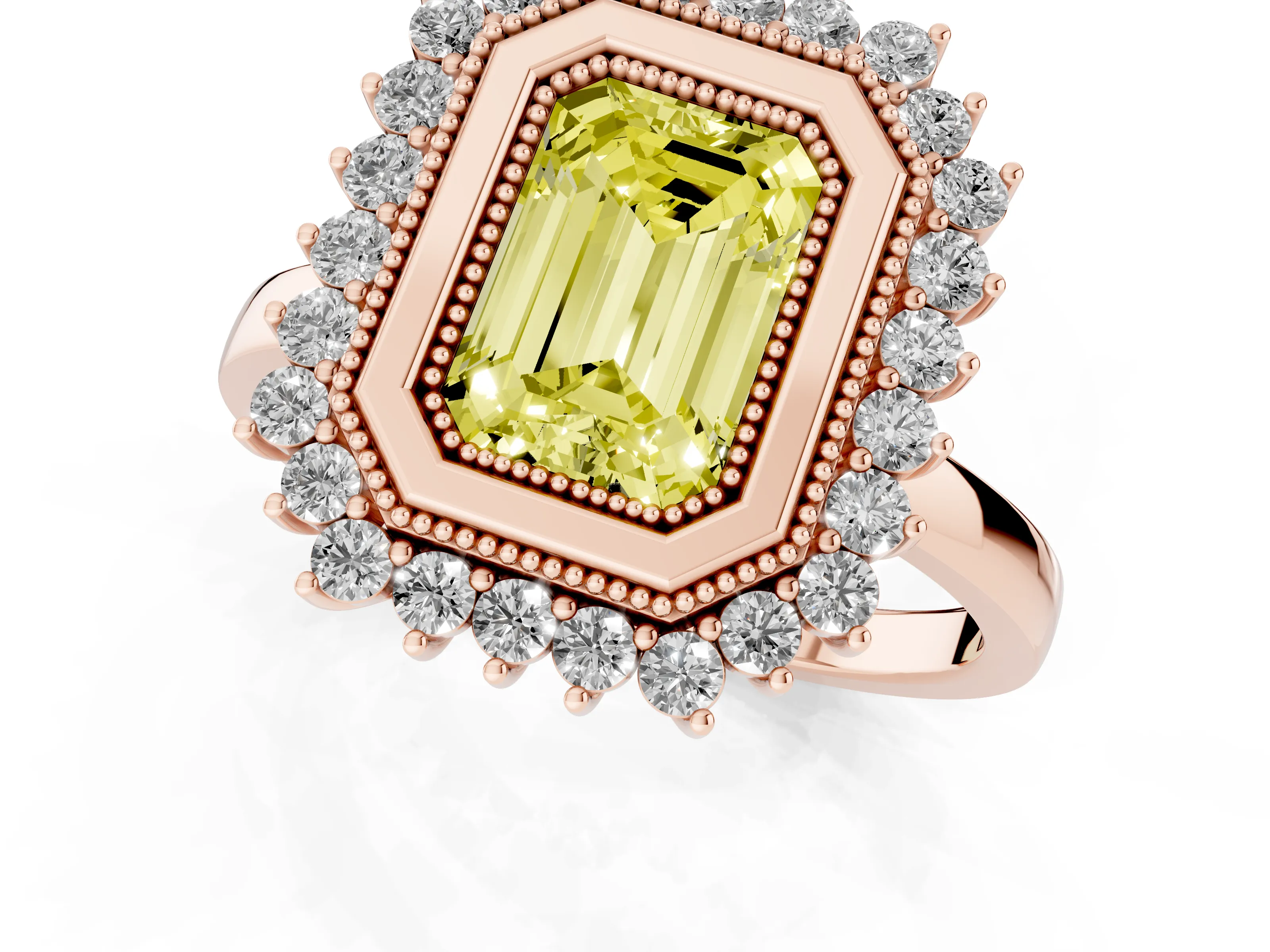 Fancy Yellow Emerald Cut Diamond Halo Ring Set in Rose gold with Milgrain Edge and Round Prong Setting