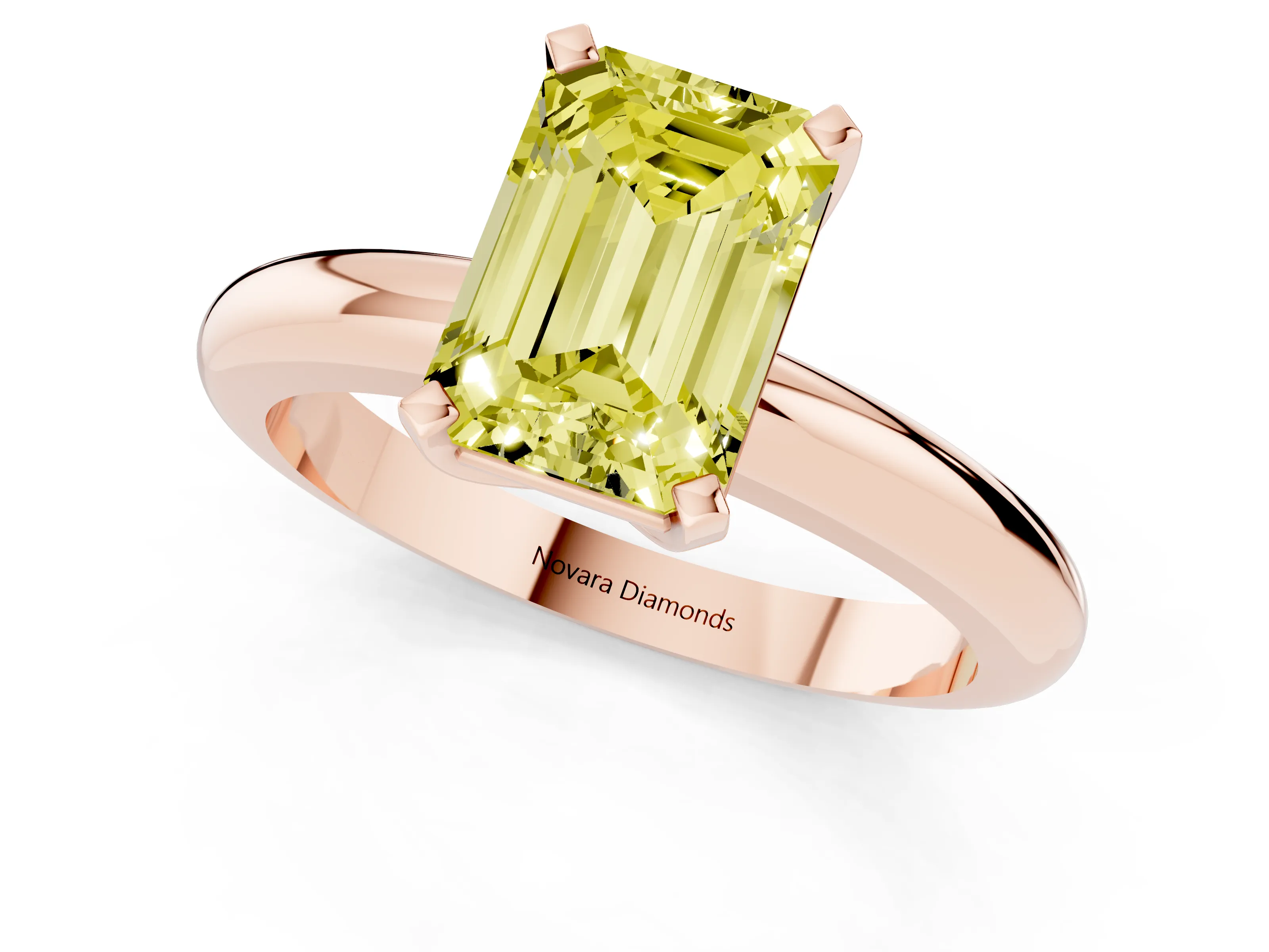 Fancy Yellow Emerald Cut Diamond Solitaire Engagement Ring Set in Rose gold with Round Band and Prong Setting