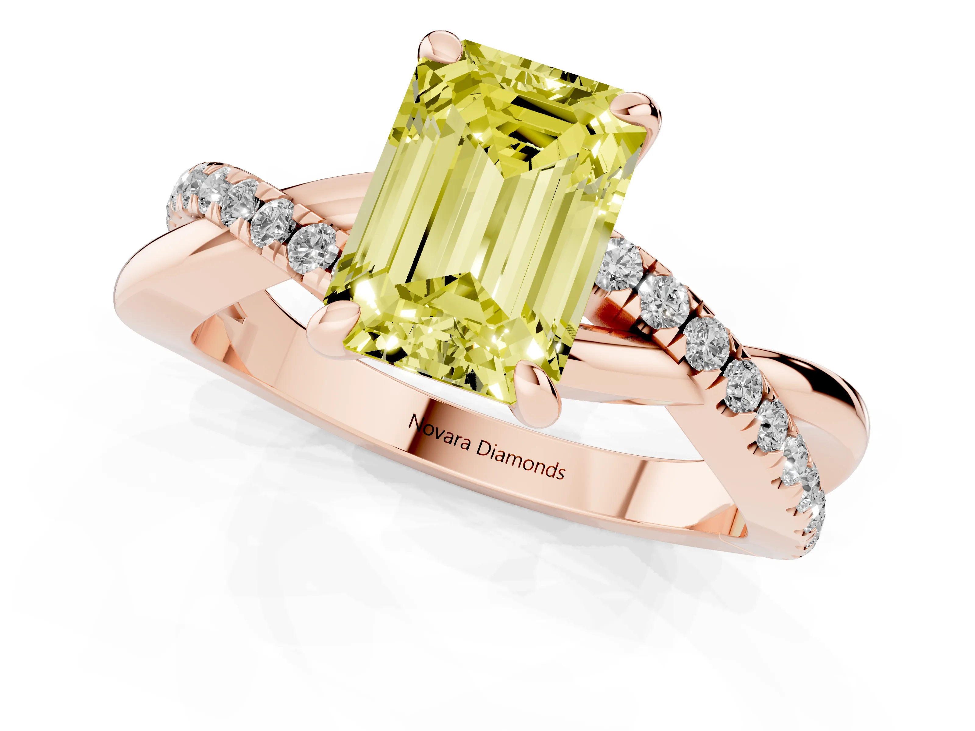 Fancy Yellow Emerald Cut Diamond Twist Band Pavé Solitaire Ring Set in Rose gold with Prong Setting