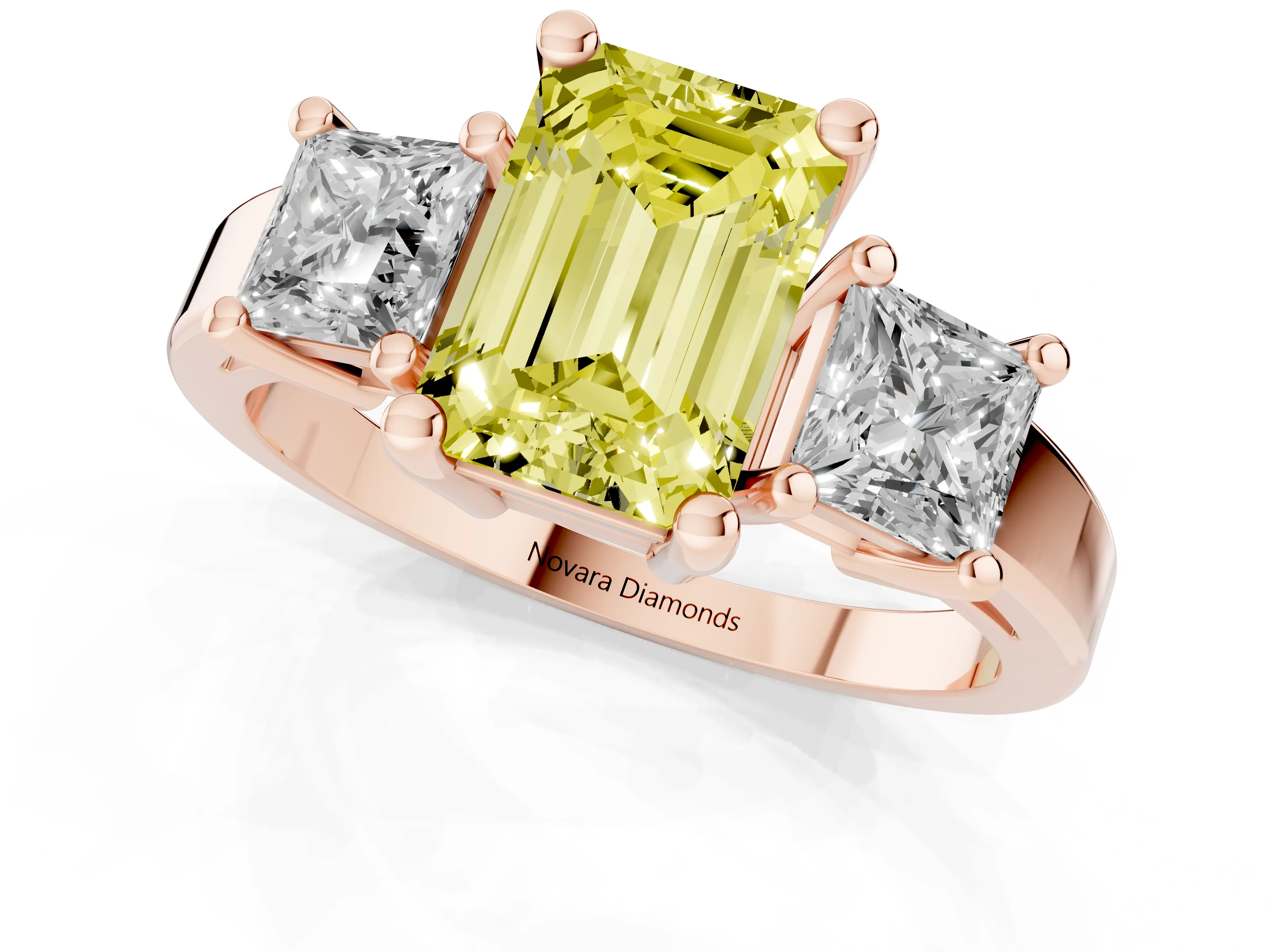 Fancy Yellow Three-Stone Emerald Cut Diamond Solitaire Ring Set in Rose gold with Prong Setting