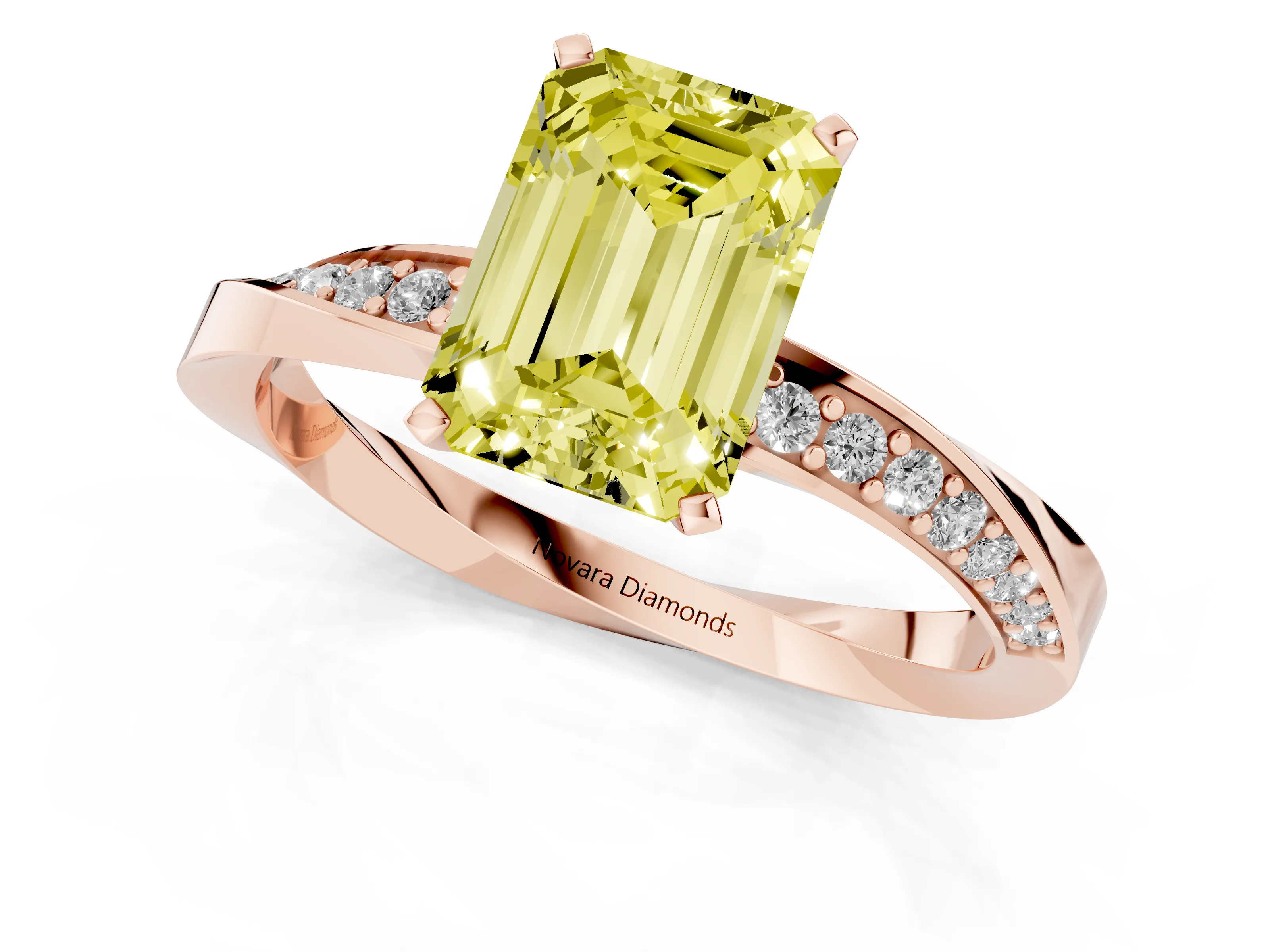 Fancy Yellow Emerald Cut Diamond Engagement Ring Set in Rose gold with Side Stone Accents and Prong Setting