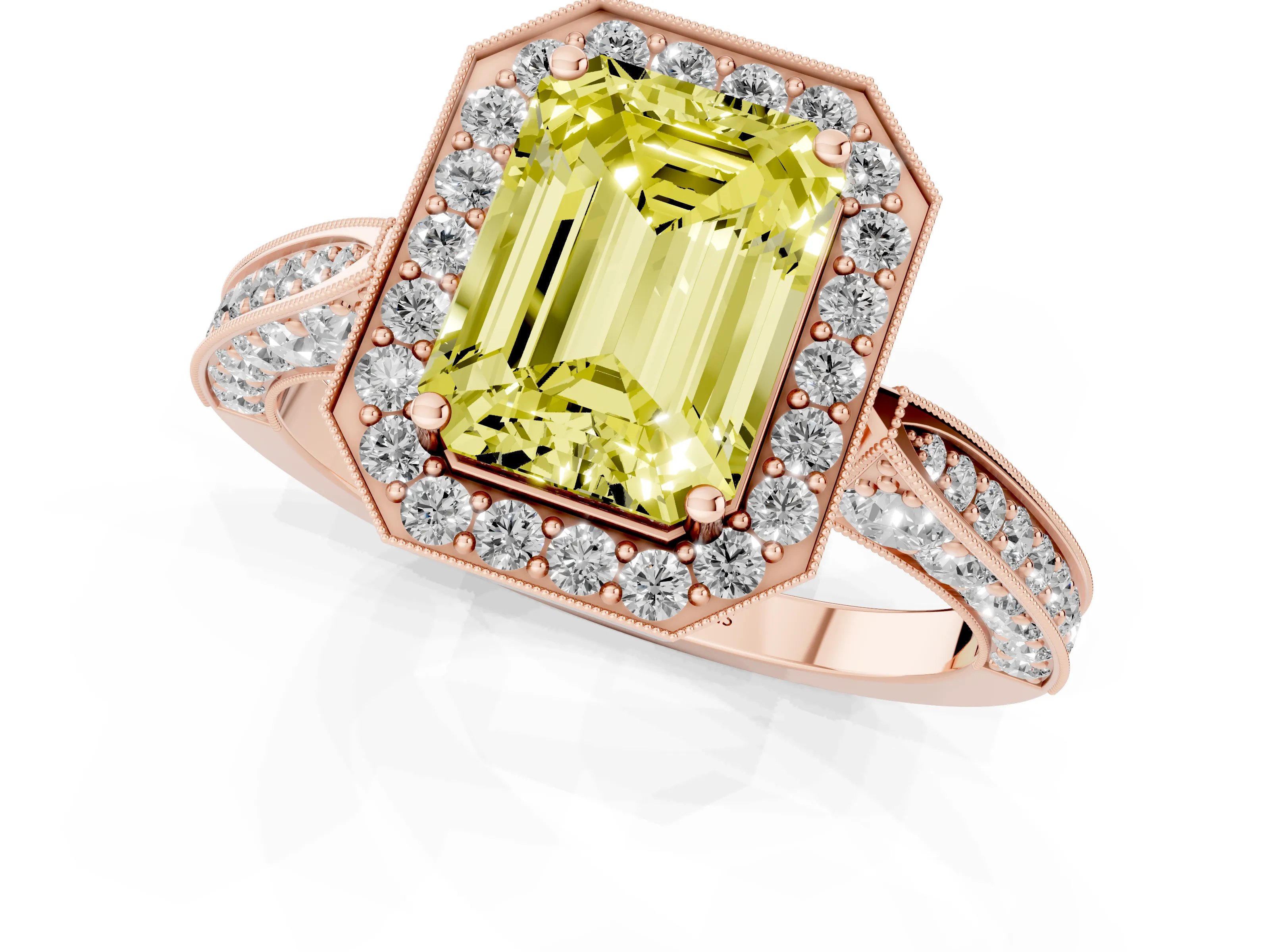 Fancy Yellow Emerald Cut Diamond Halo Engagement Ring Set in Rose gold with Accent Split Shank Band