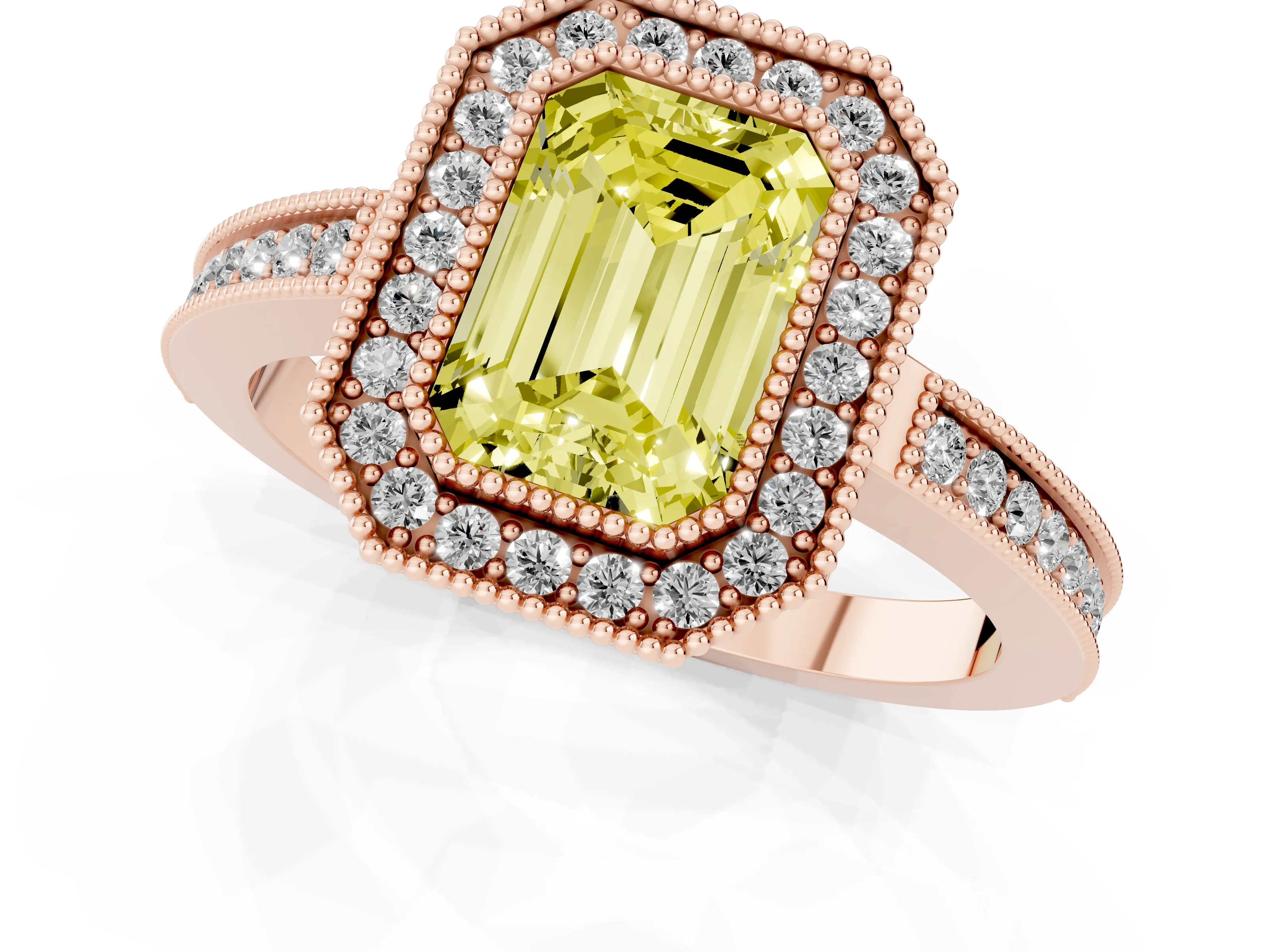 Fancy Yellow Emerald Cut Diamond Halo Ring Set in Rose gold with Pavé Band and Milgrain-Edged Prongs