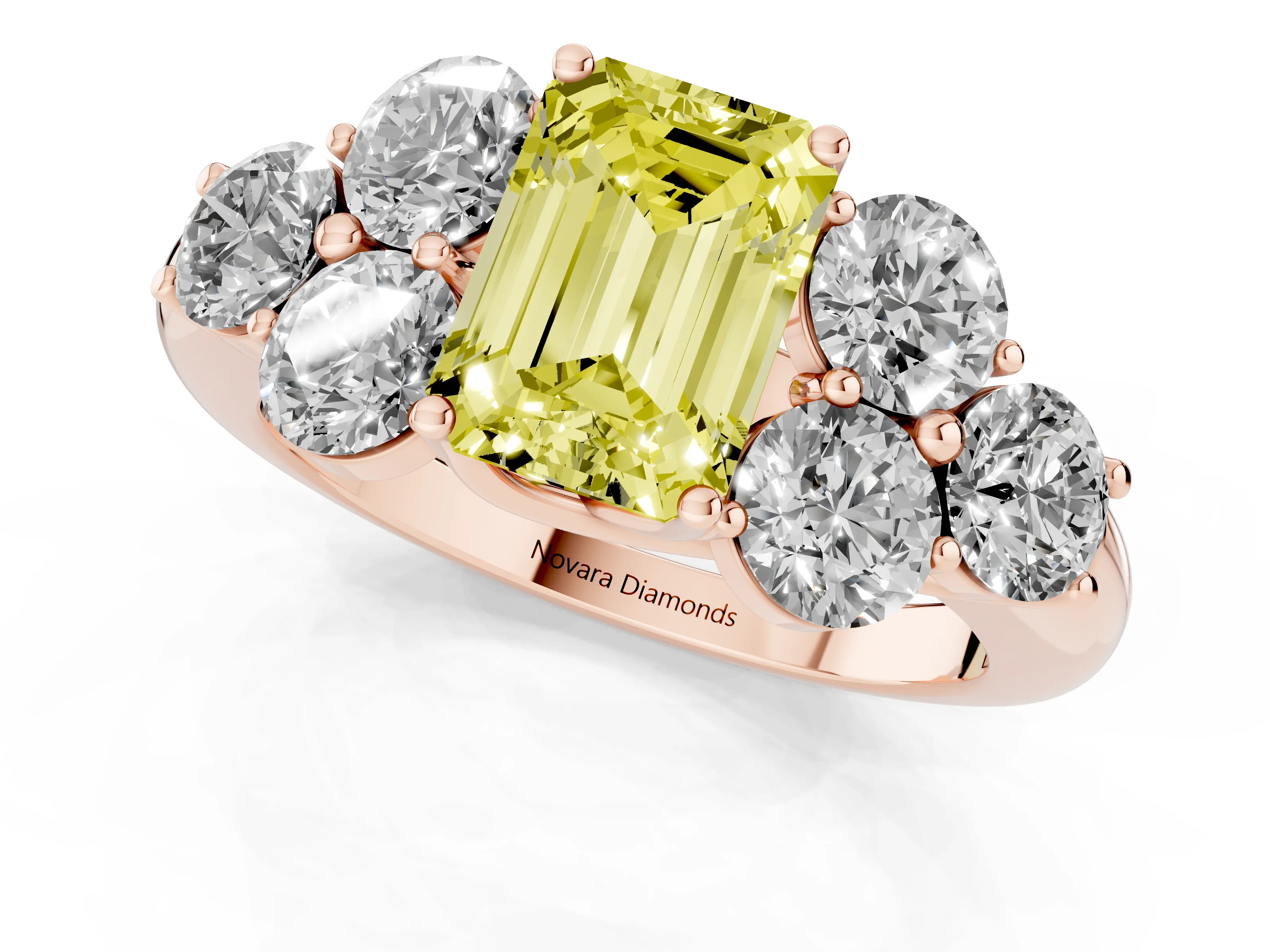 Fancy Yellow Emerald Cut Diamond Cluster Ring Set in Rose gold with Round Accent Stones and Prong Setting on a Plain Band