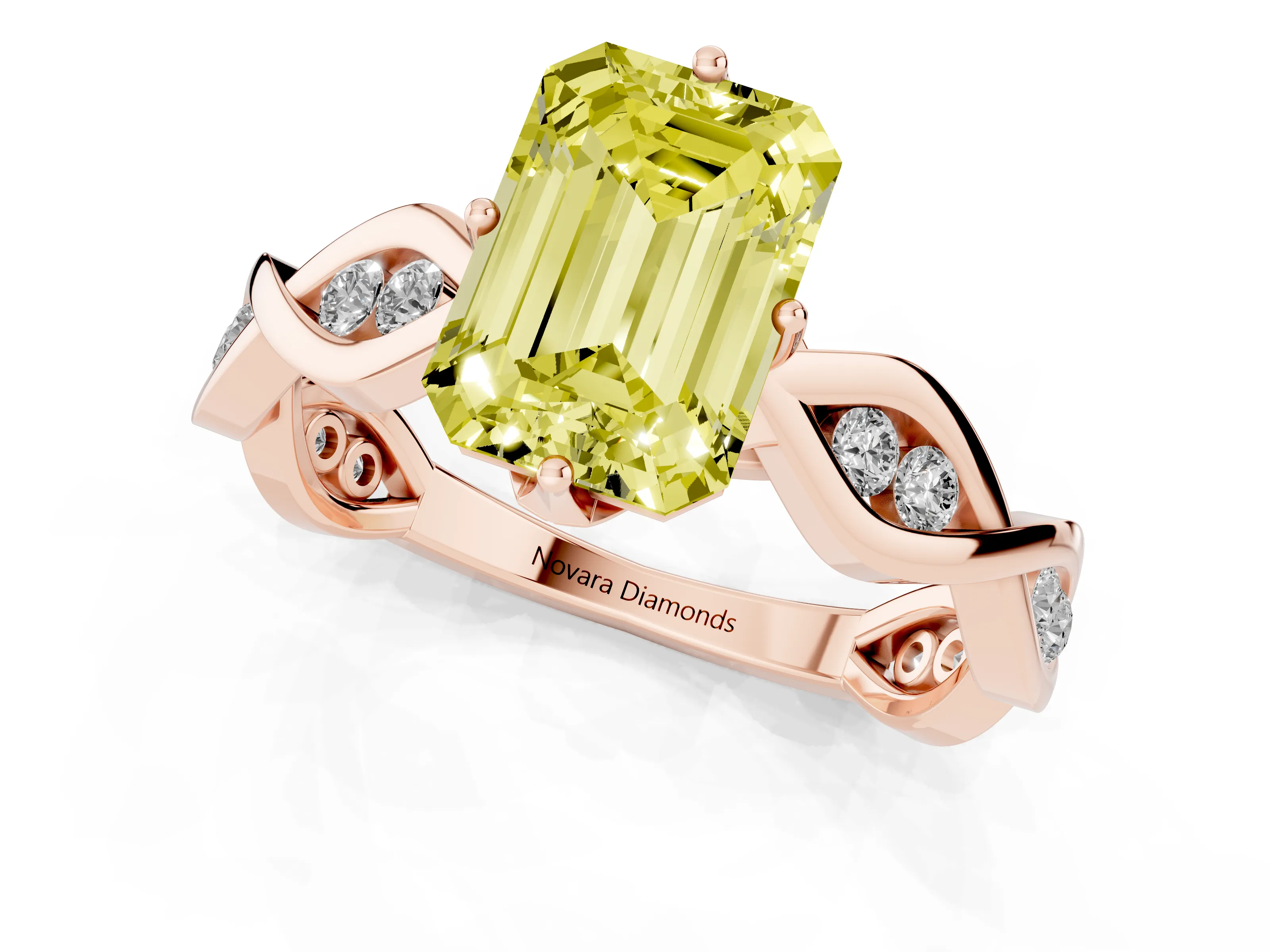 Fancy Yellow Emerald Cut Diamond Twist Band Solitaire Ring Set in Rose gold with Leaf Prong Setting and Accent Stones
