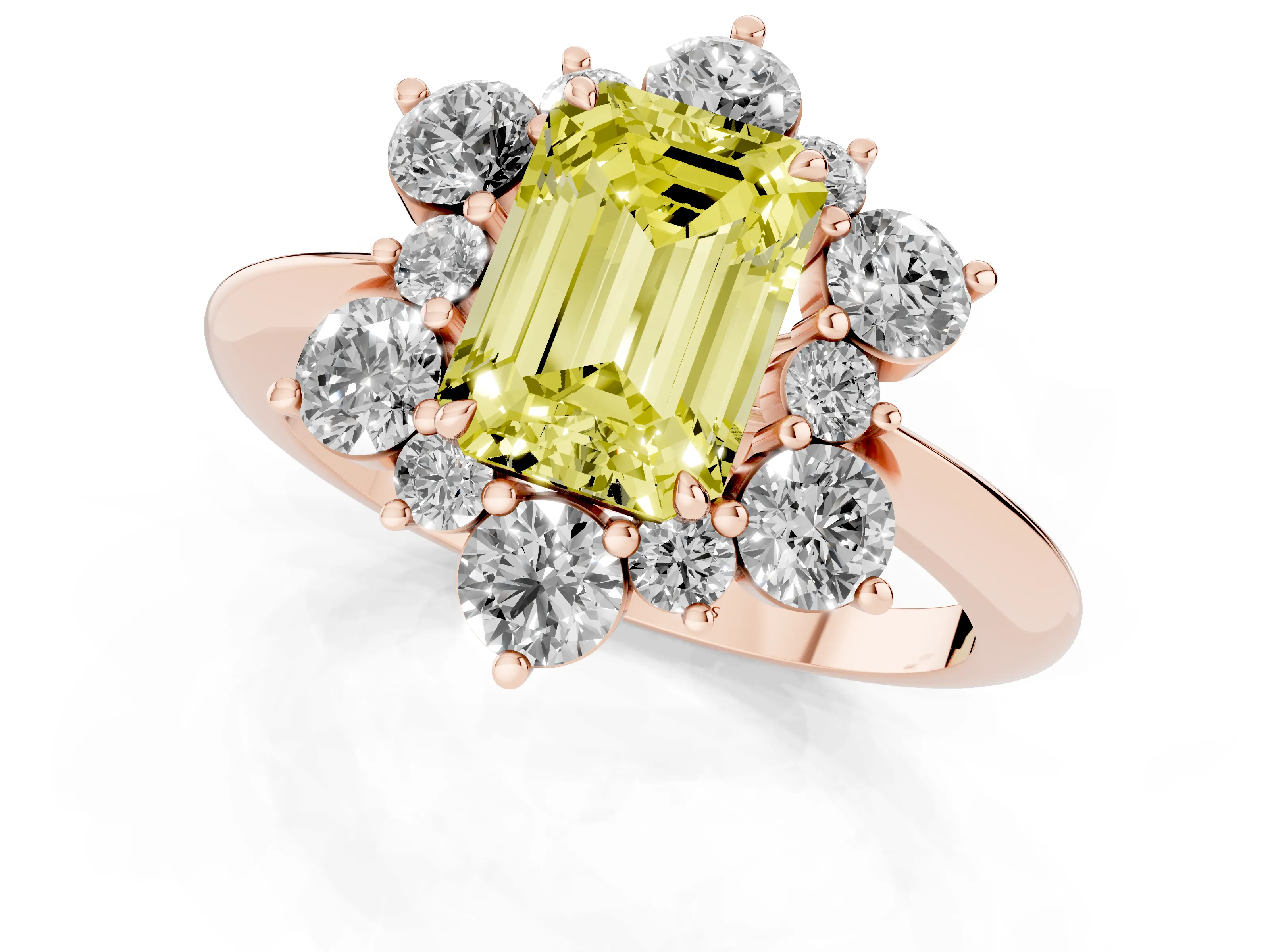 Fancy Yellow Emerald Cut Diamond Cluster Halo Ring Set in Rose gold with Solitaire Band and Prong Setting