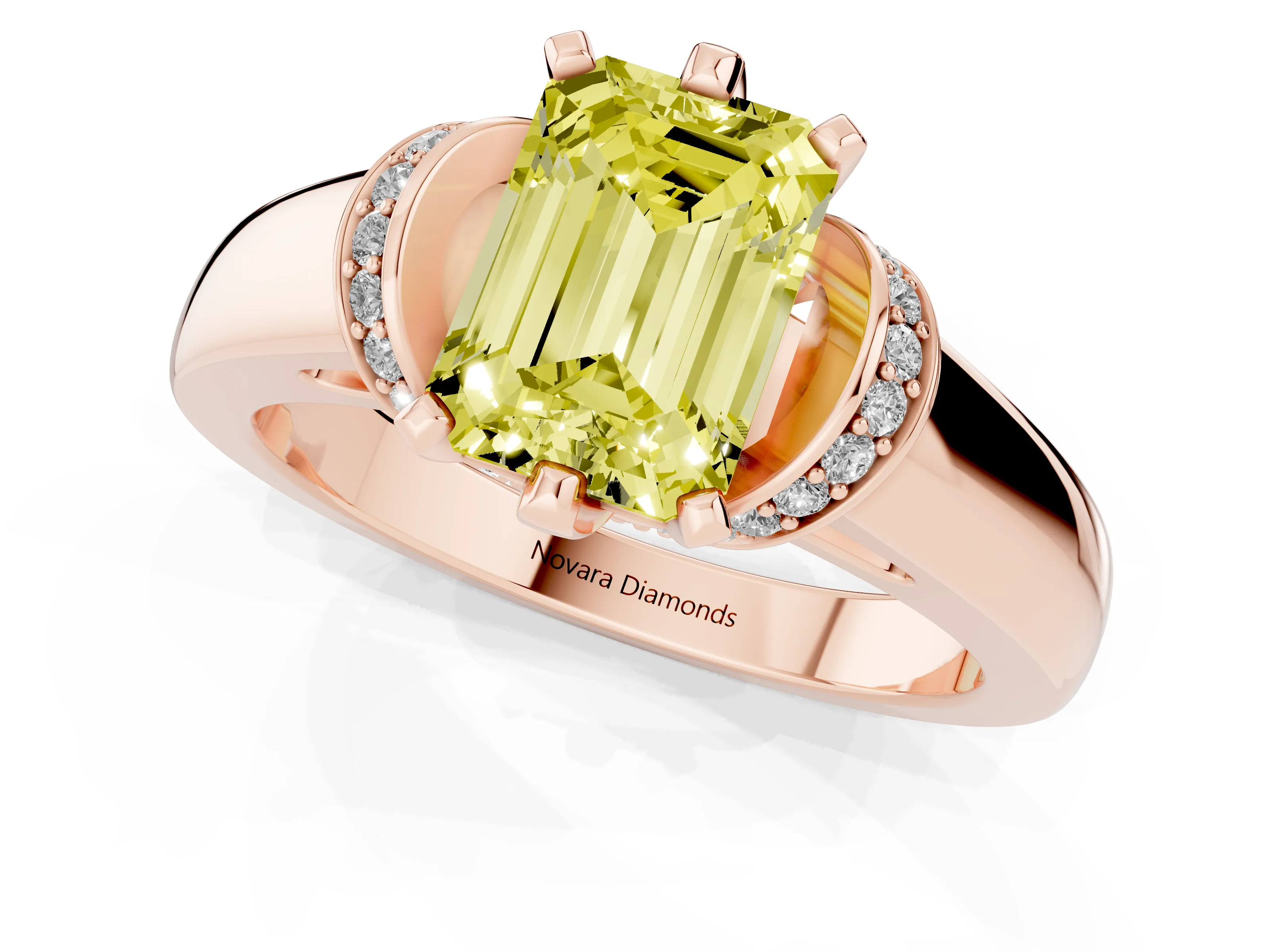 Fancy Yellow Emerald Cut Diamond Pavé Band Solitaire Ring Set in Rose gold with Prong Setting