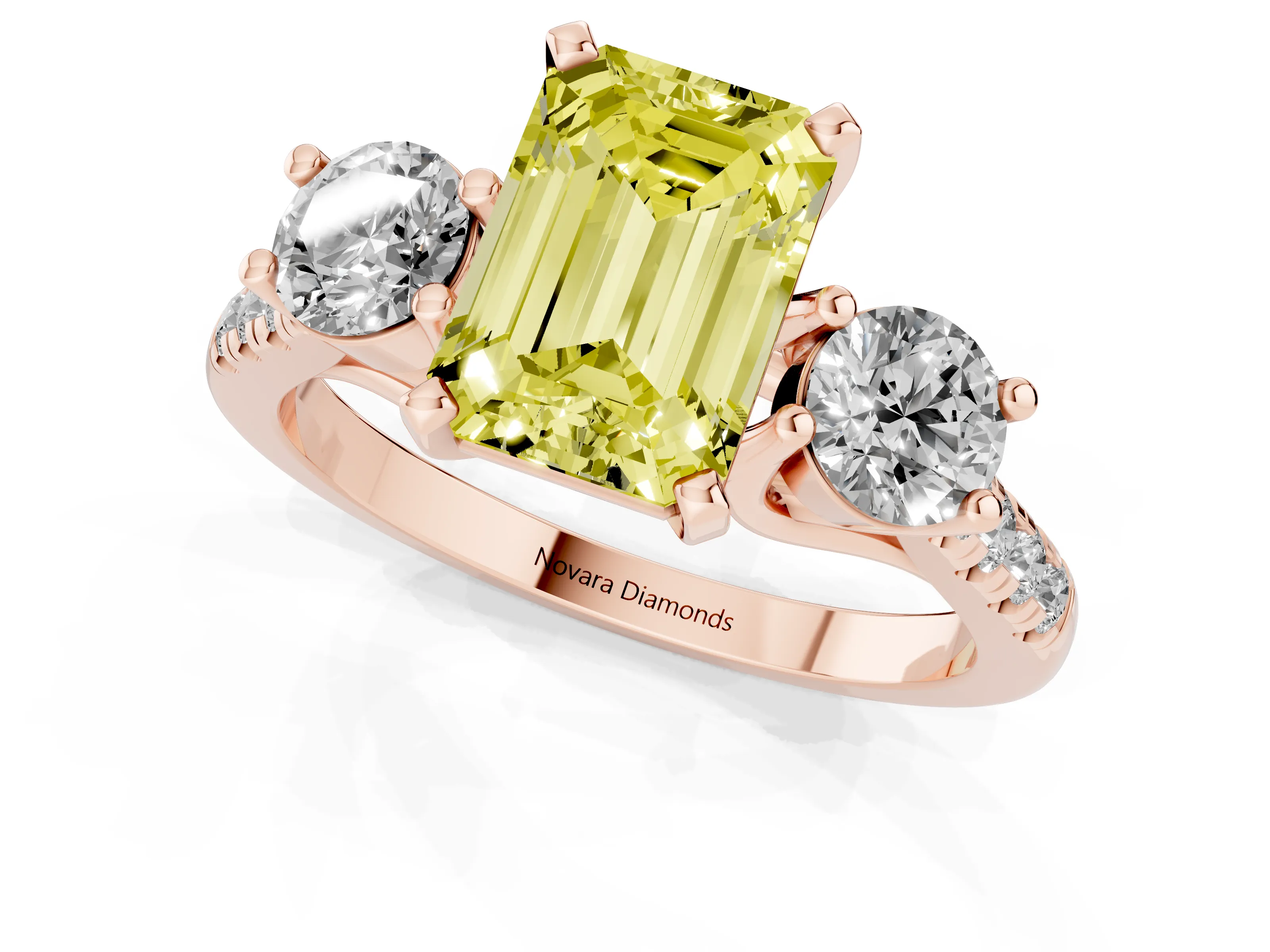 Fancy Yellow Three-Stone Emerald Cut Diamond Pavé Band Ring Set in Rose gold with Prong-Set Trio