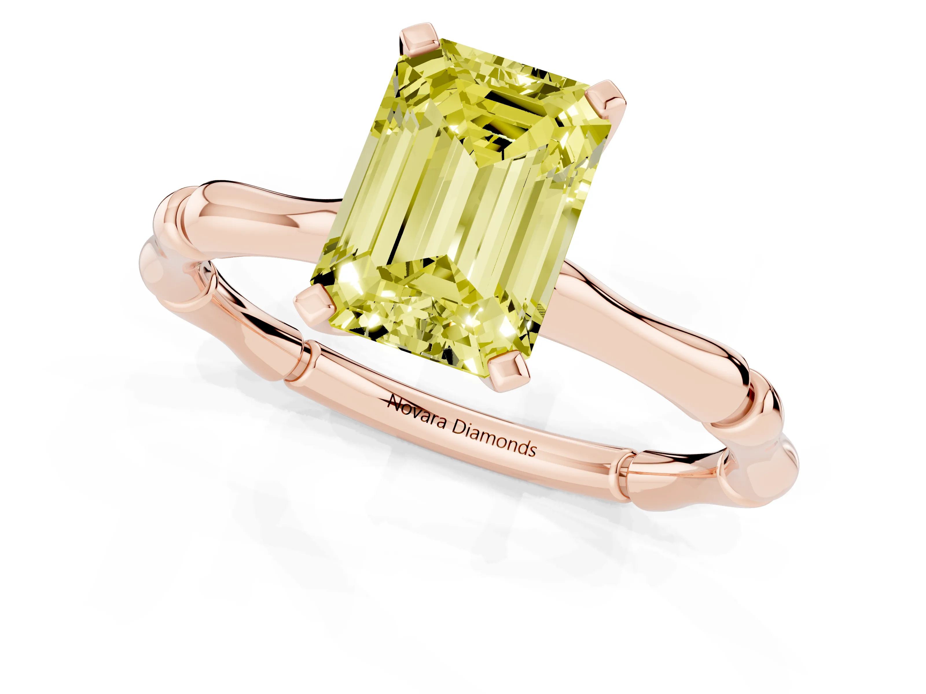 Fancy Yellow Emerald Cut Diamond Solitaire Ring Set in Rose gold with Bamboo Band and Prong Setting