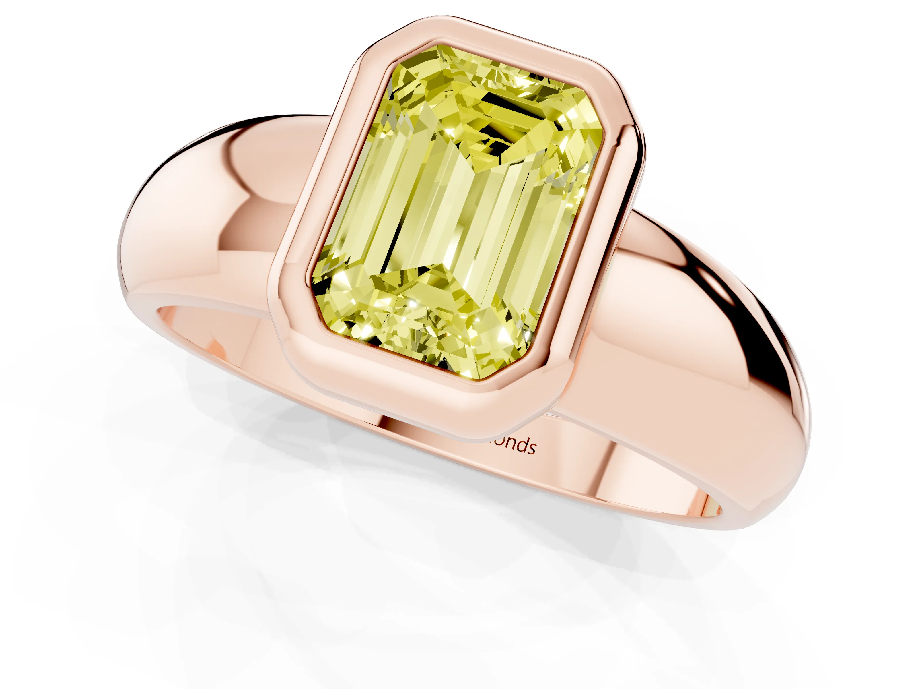 Fancy Yellow Bezel Set Emerald Cut Diamond Solitaire Ring Set in Rose gold with Wide Band