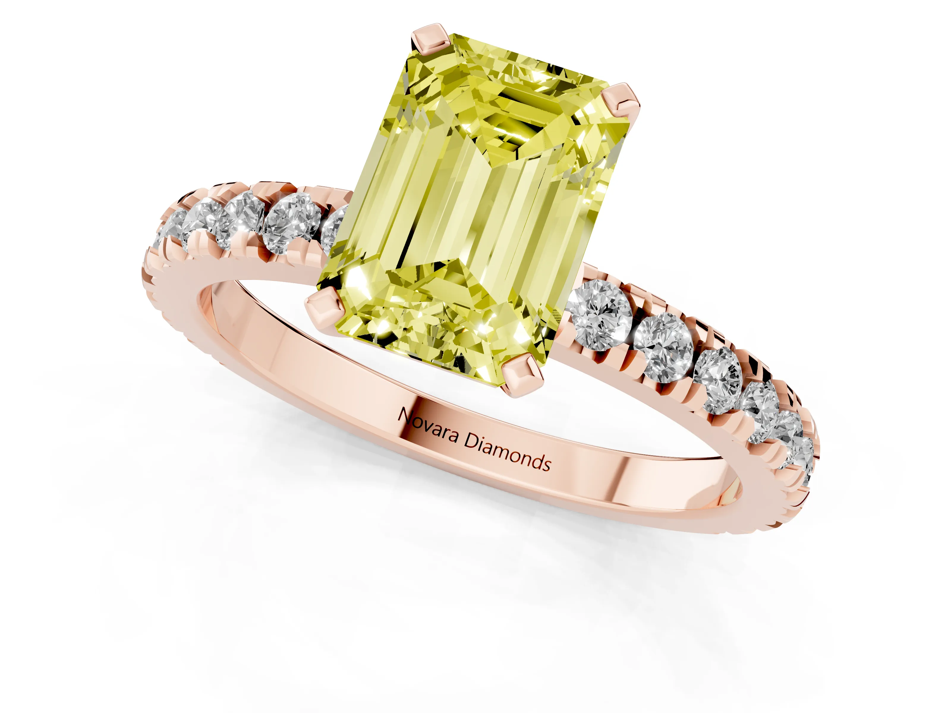 Fancy Yellow Emerald Cut Diamond Pavé Band Solitaire Set in Rose gold with Prong Setting
