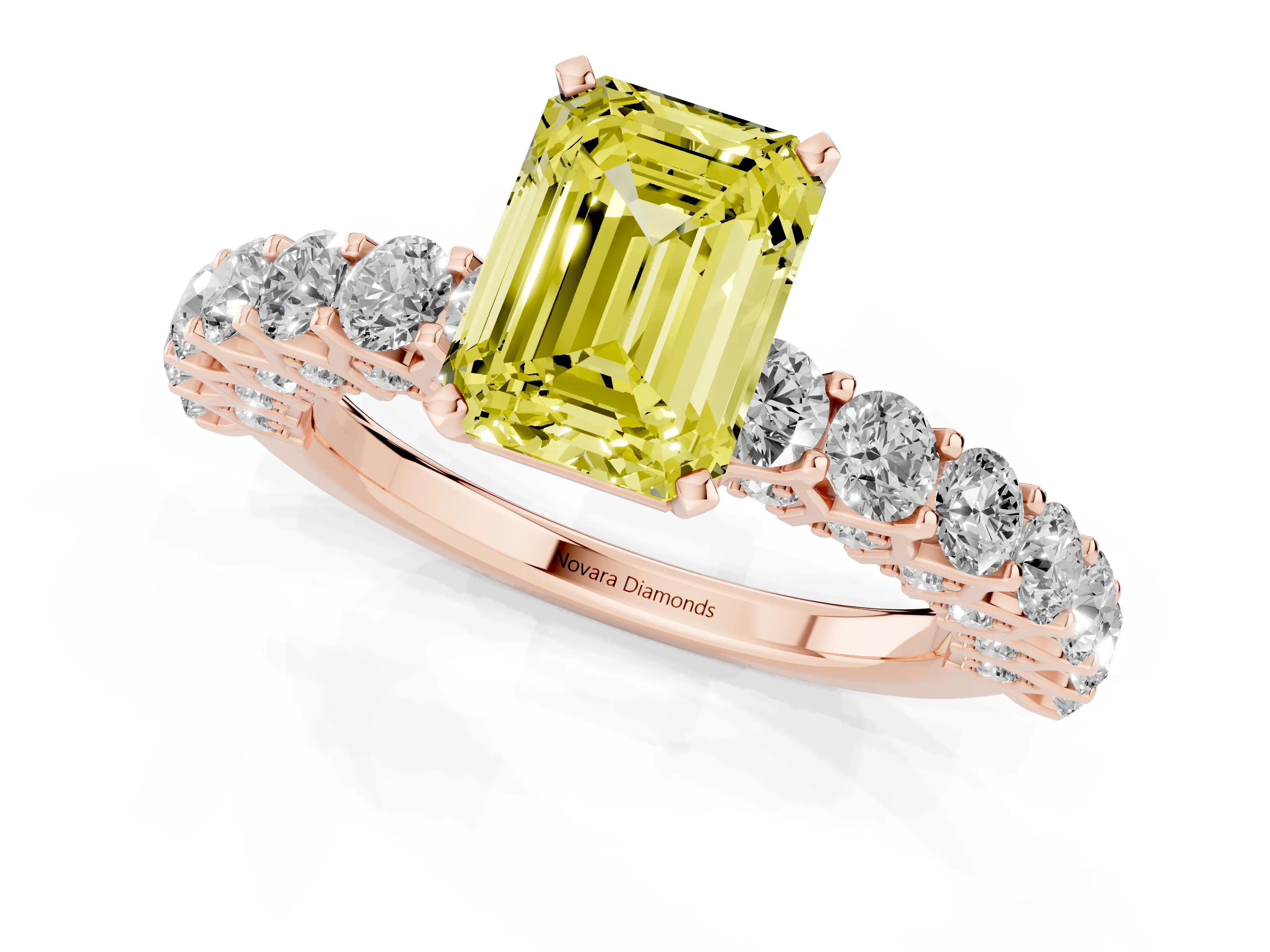 Fancy Yellow Emerald Cut Diamond Solitaire Ring Set in Rose gold with Shared Prong Pavé Band