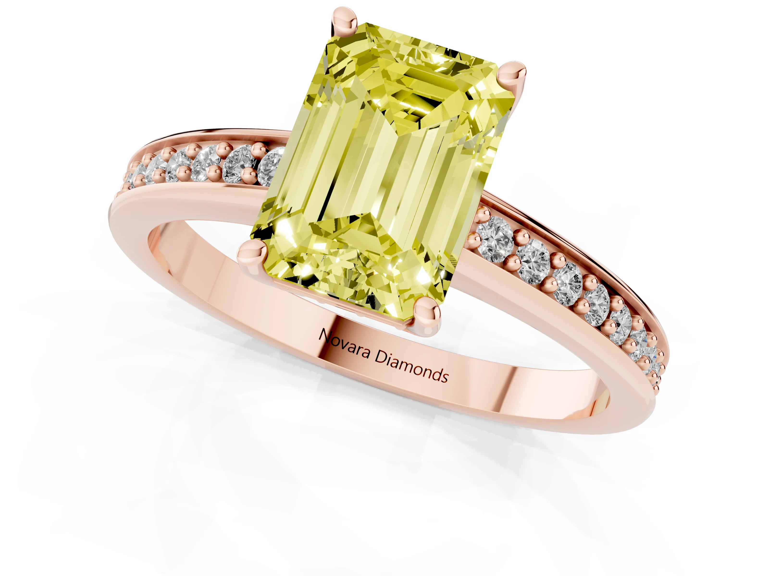 Fancy Yellow Emerald Cut Diamond Pavé Band Prong Set Solitaire Ring Set in Rose gold