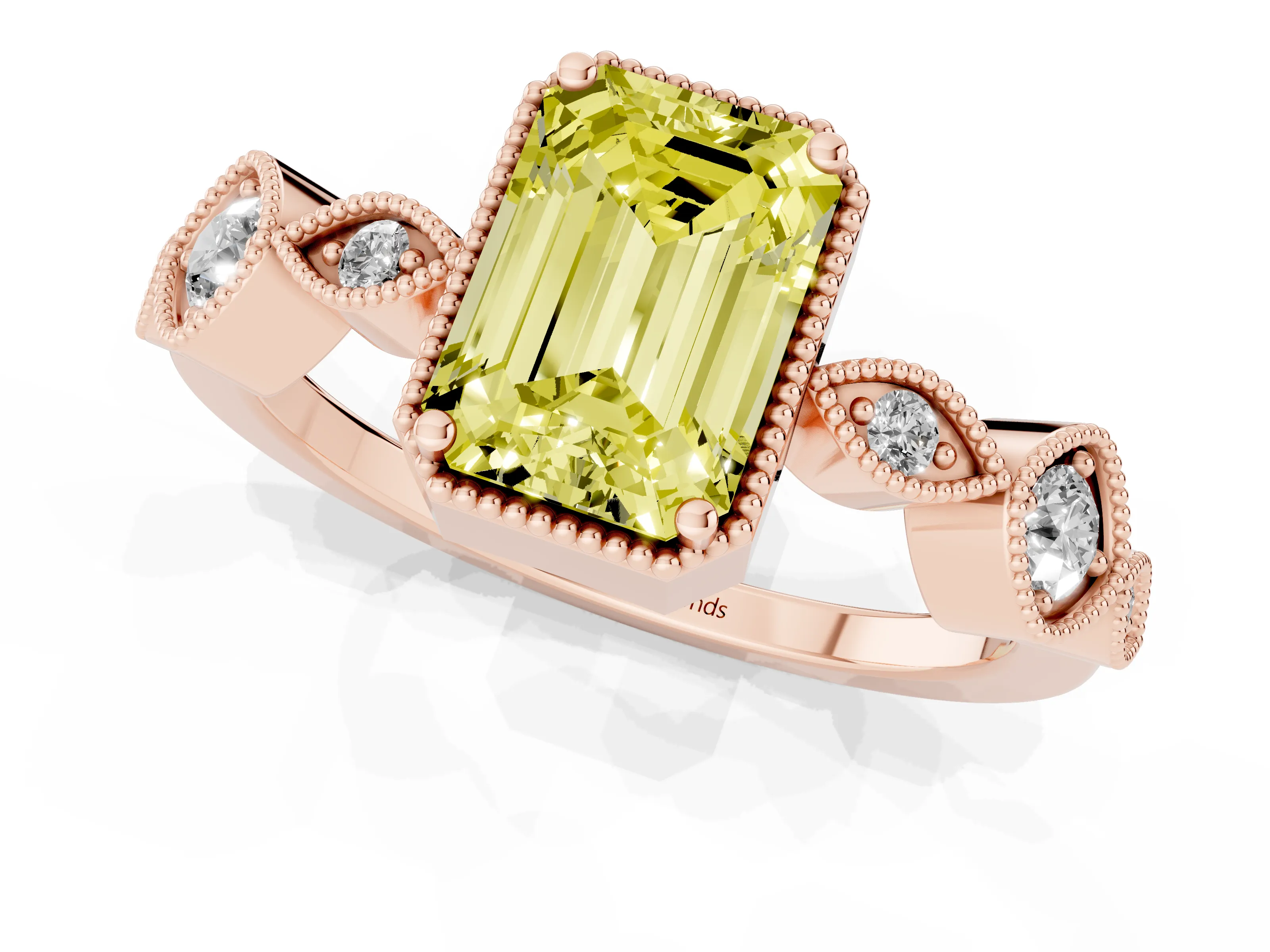 Fancy Yellow Emerald Cut Diamond Vintage-Inspired Milgrain Ring Set in Rose gold with Marquise Stations of Round Accents
