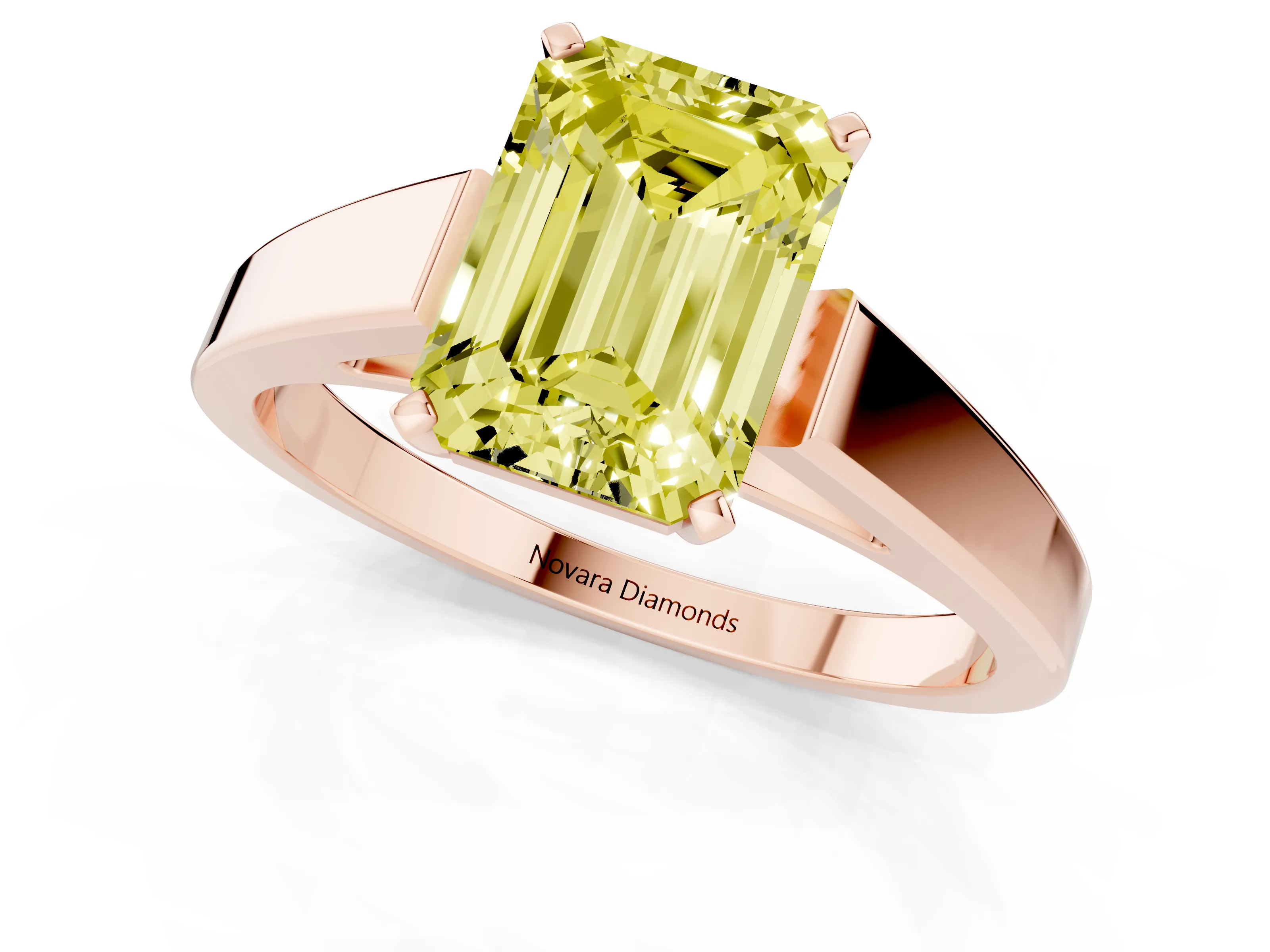 Fancy Yellow Emerald Cut Diamond Solitaire Engagement Ring Set in Rose gold with Prong Setting and Tapered Band