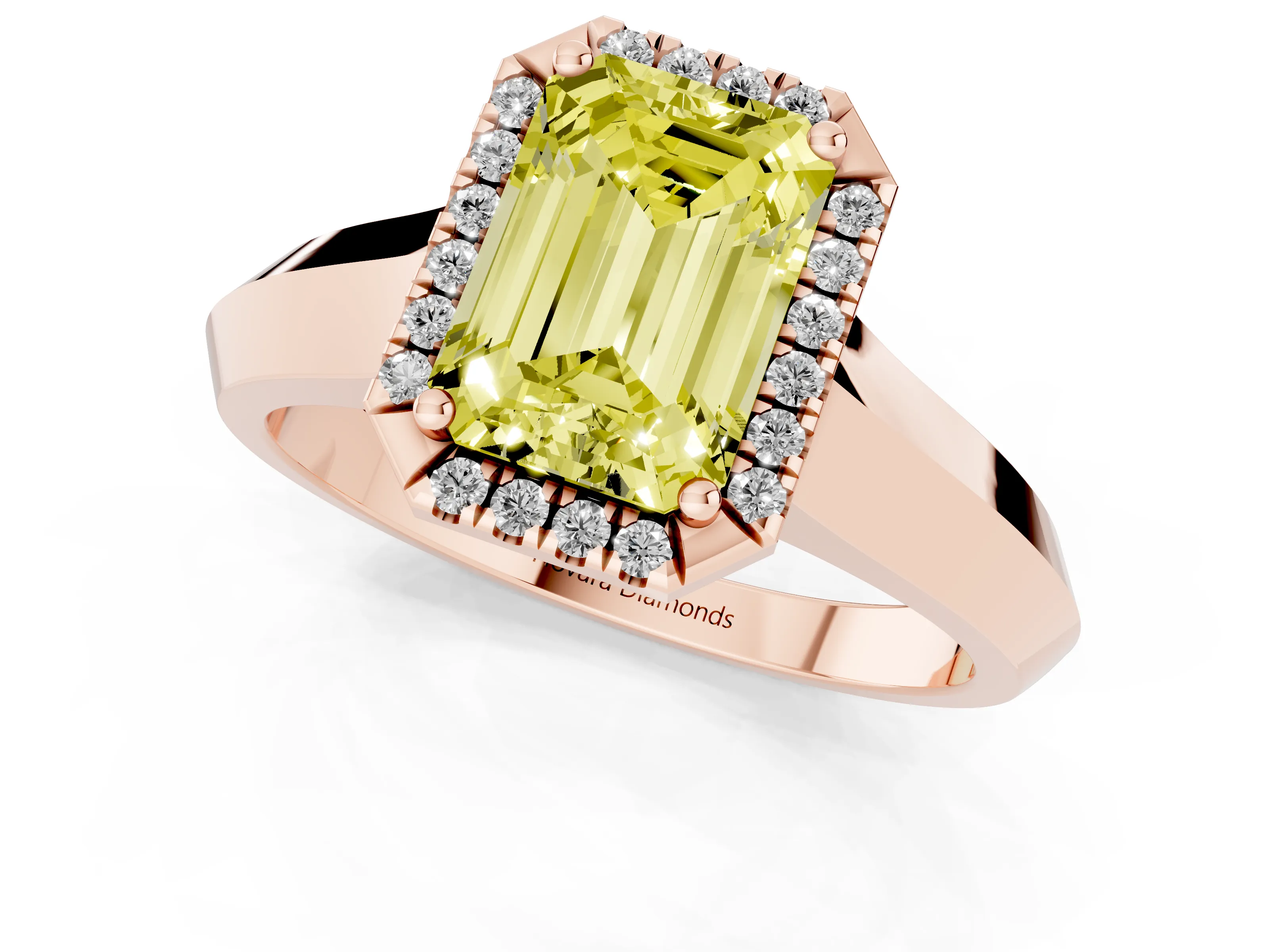 Fancy Yellow Emerald Cut Diamond Halo Ring Set in Rose gold with Cathedral Band and Prong Setting