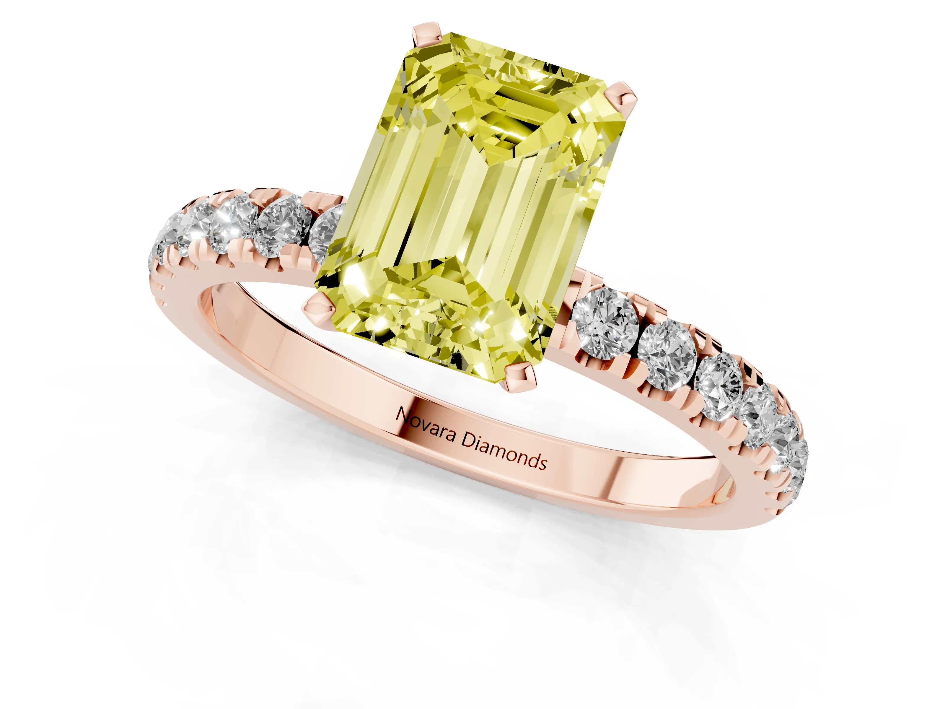 Fancy Yellow Emerald Cut Diamond Solitaire Ring Set in Rose gold with Pavé Accents and Prong Setting