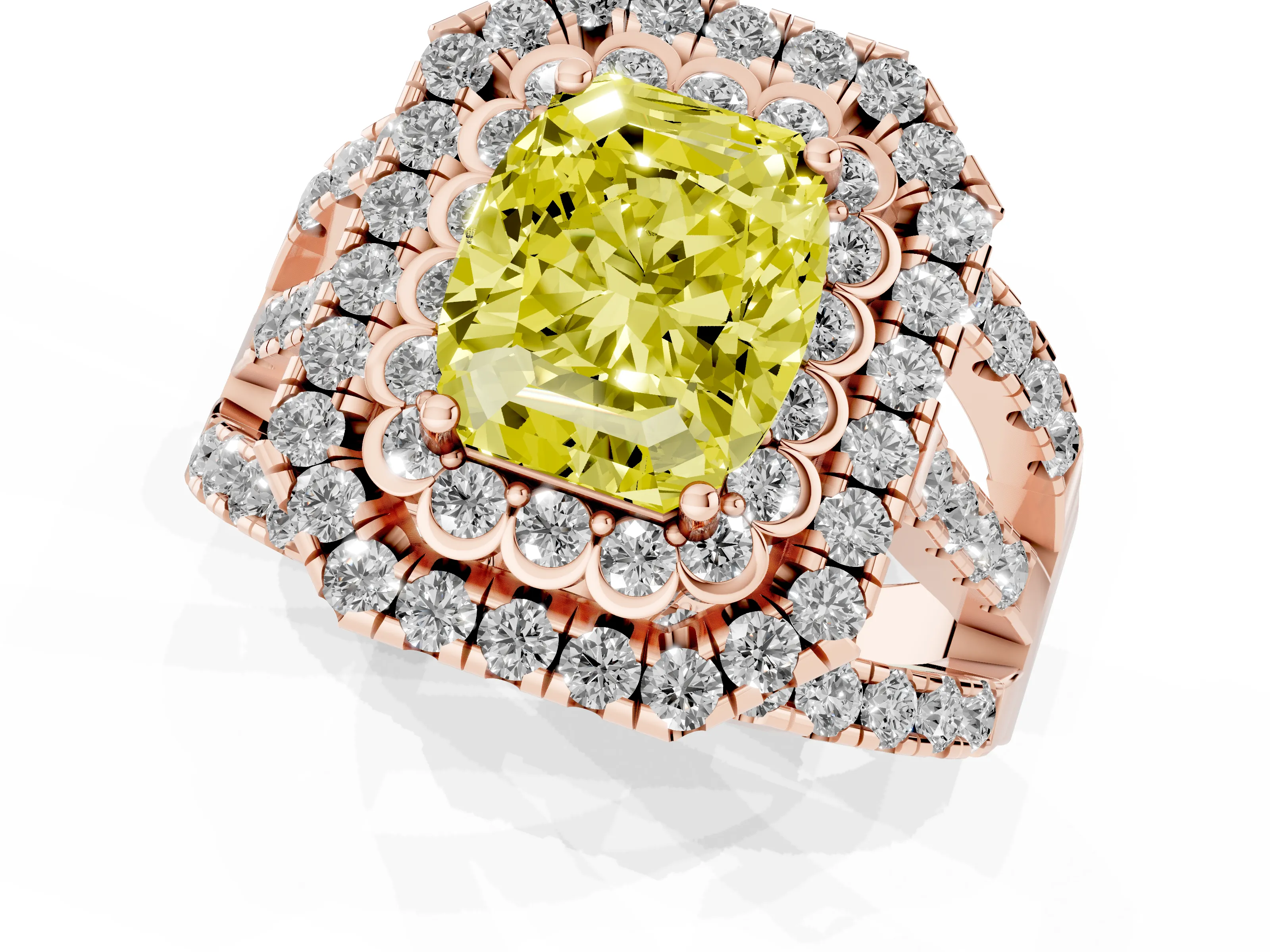 Fancy Yellow Emerald Cut Diamond Double Halo Ring Set in Rose gold with Round Pavé Split Shank