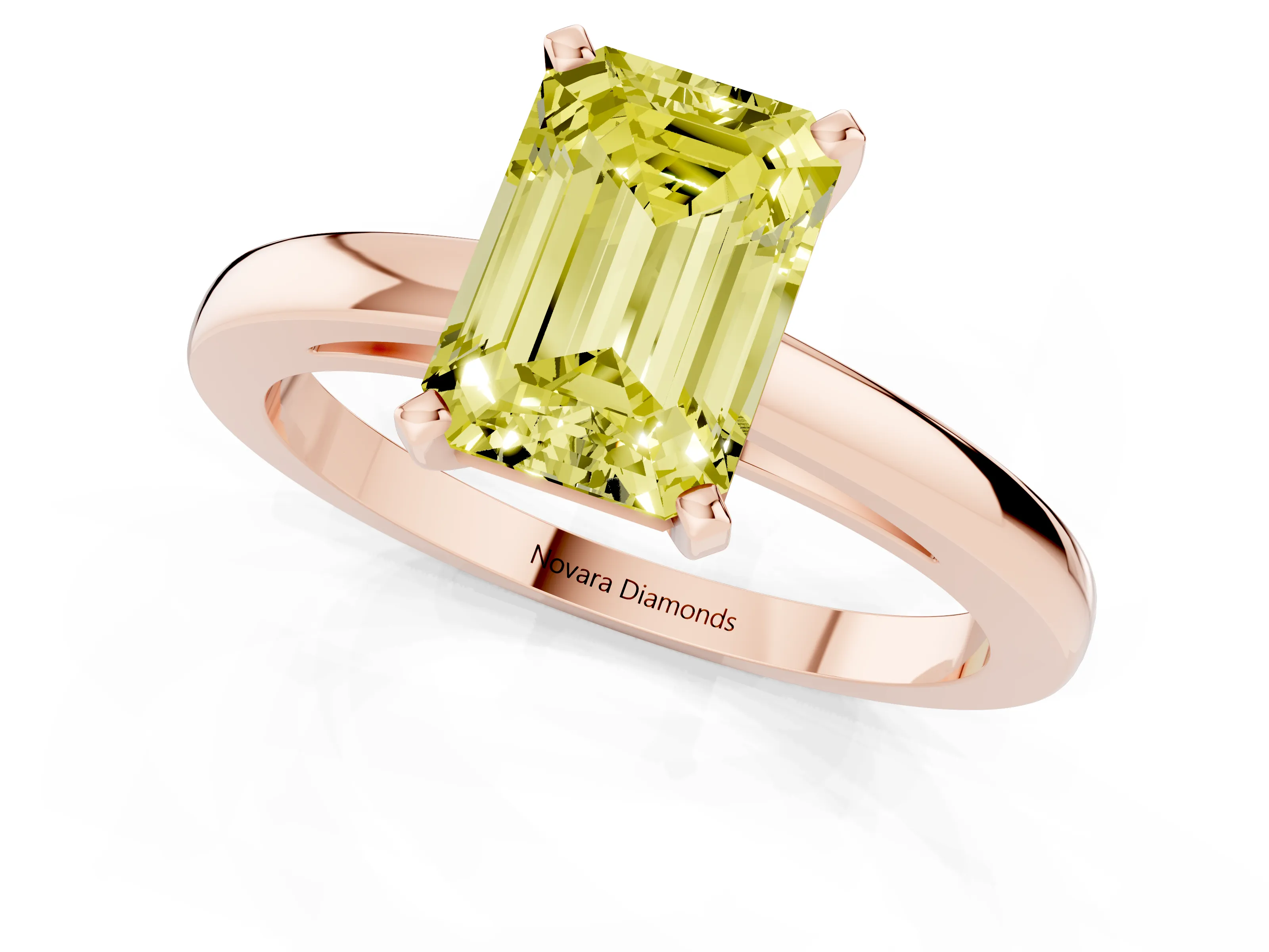 Fancy Yellow Emerald Cut Diamond Solitaire Engagement Ring Set in Rose gold with Prong Setting on a Classic Band
