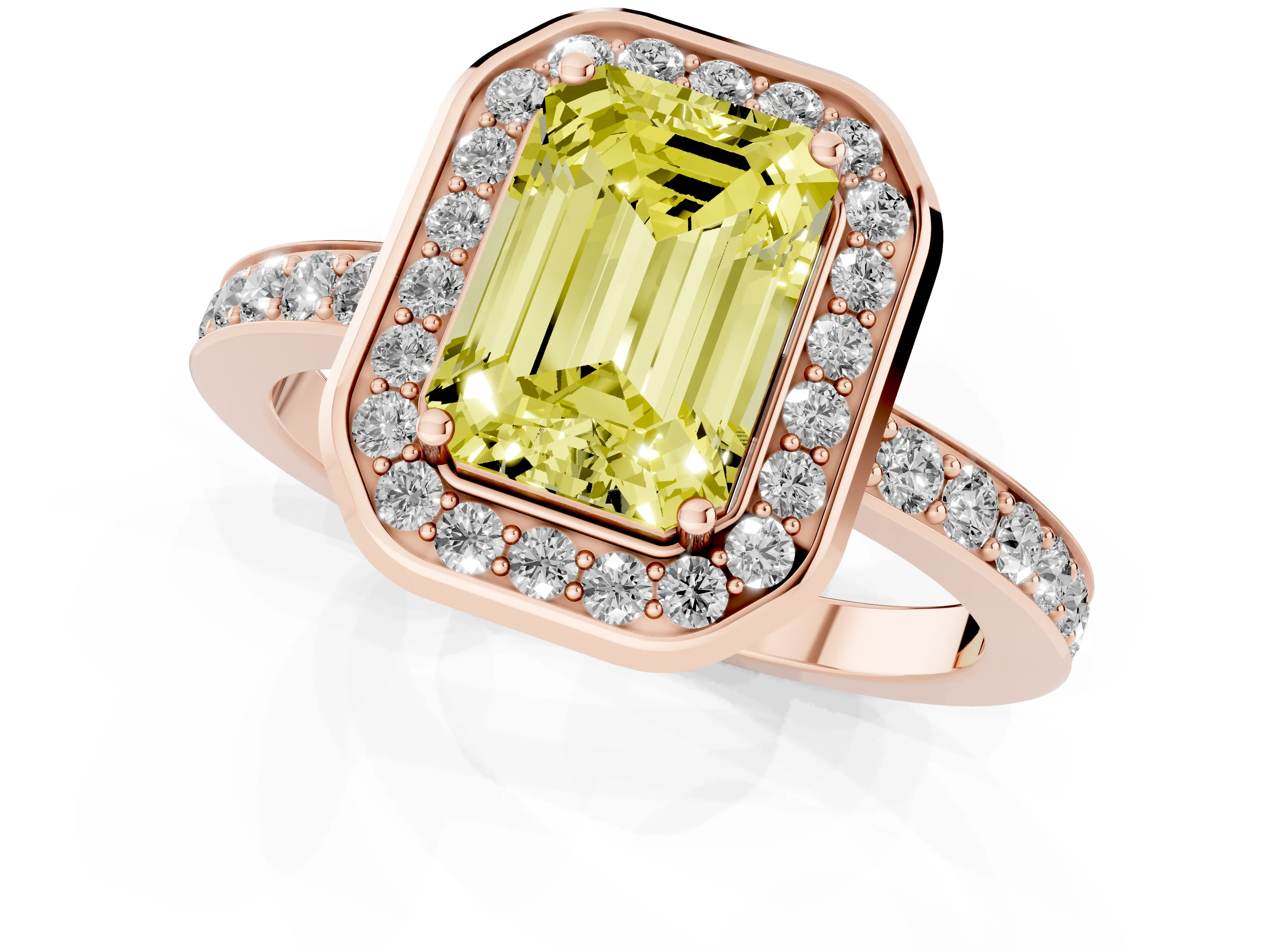Fancy Yellow Emerald Cut Diamond Halo Ring Set in Rose gold with Bezel Frame and Pavé Band