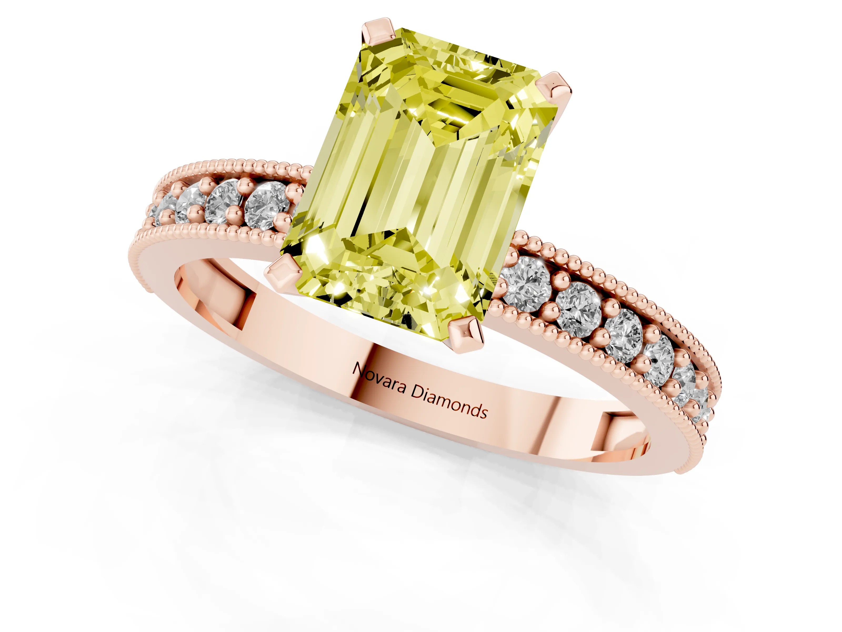 Fancy Yellow Emerald Cut Diamond Milgrain Pavé Engagement Ring Set in Rose gold with Prong Setting