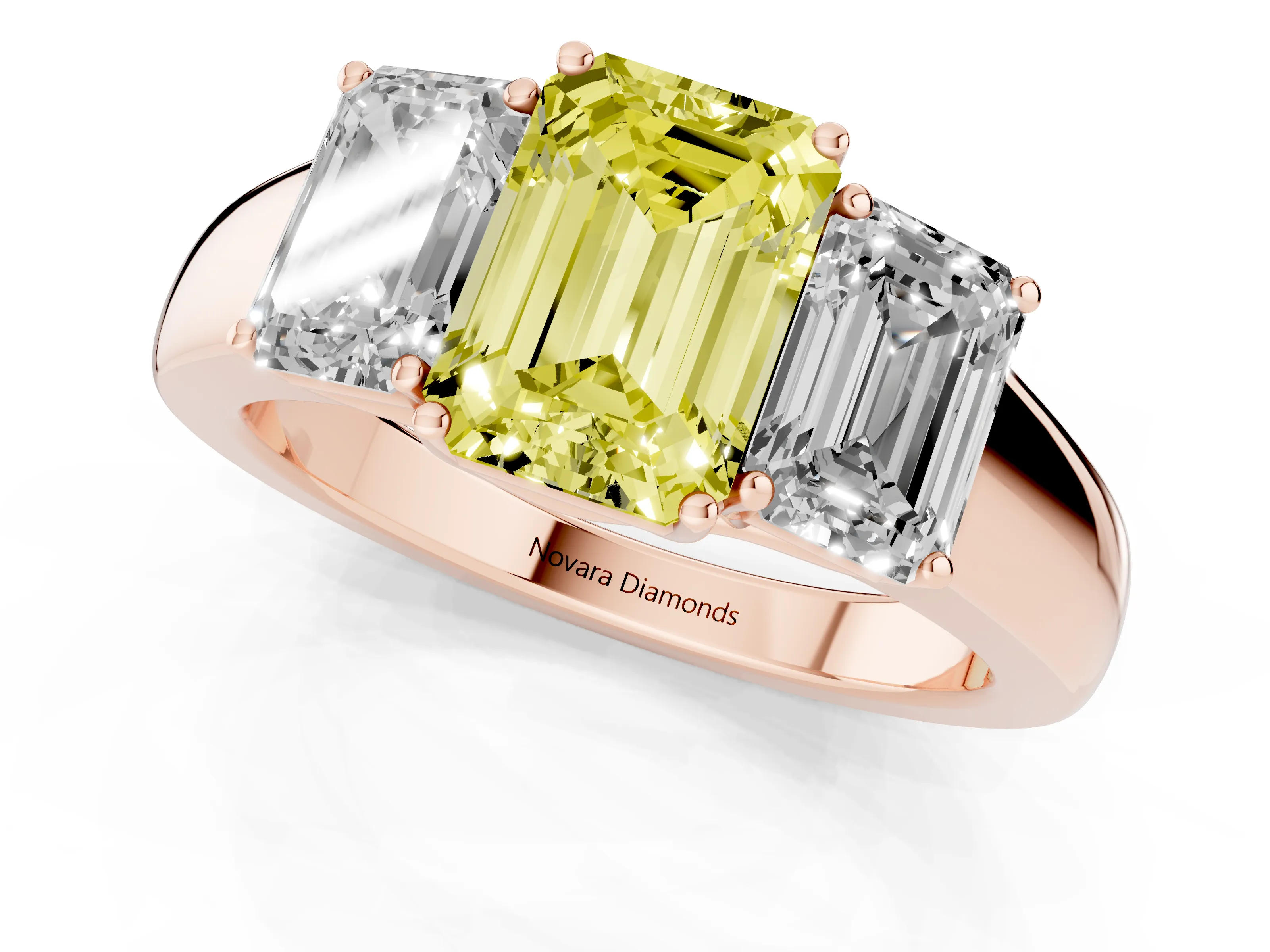 Fancy Yellow Three-Stone Emerald Cut Diamond Ring Set in Rose gold with Matching Prong Settings and Plain Band