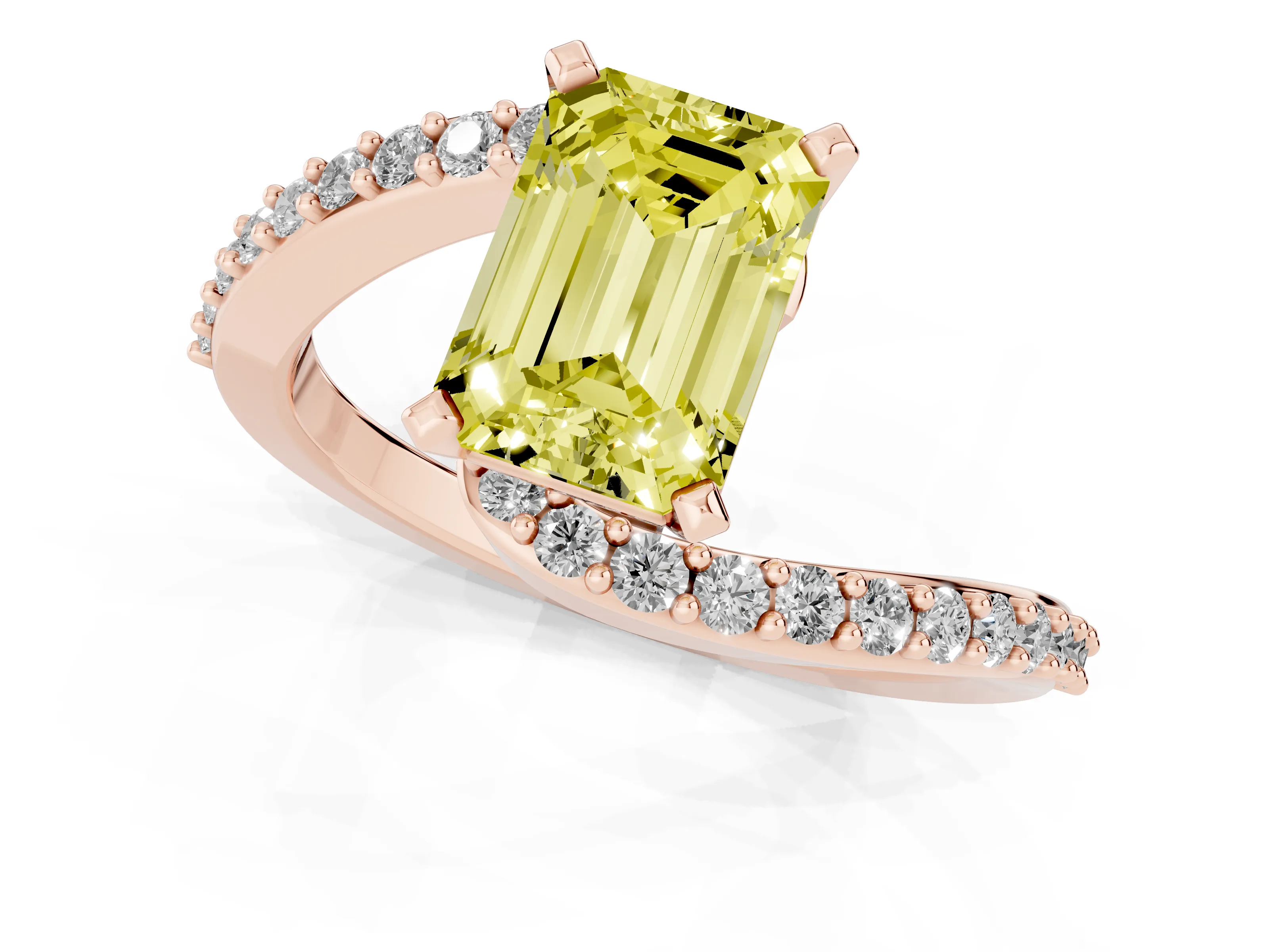 Fancy Yellow Emerald Cut Diamond Solitaire Ring Set in Rose gold with Pavé Twist Band and Prong Setting