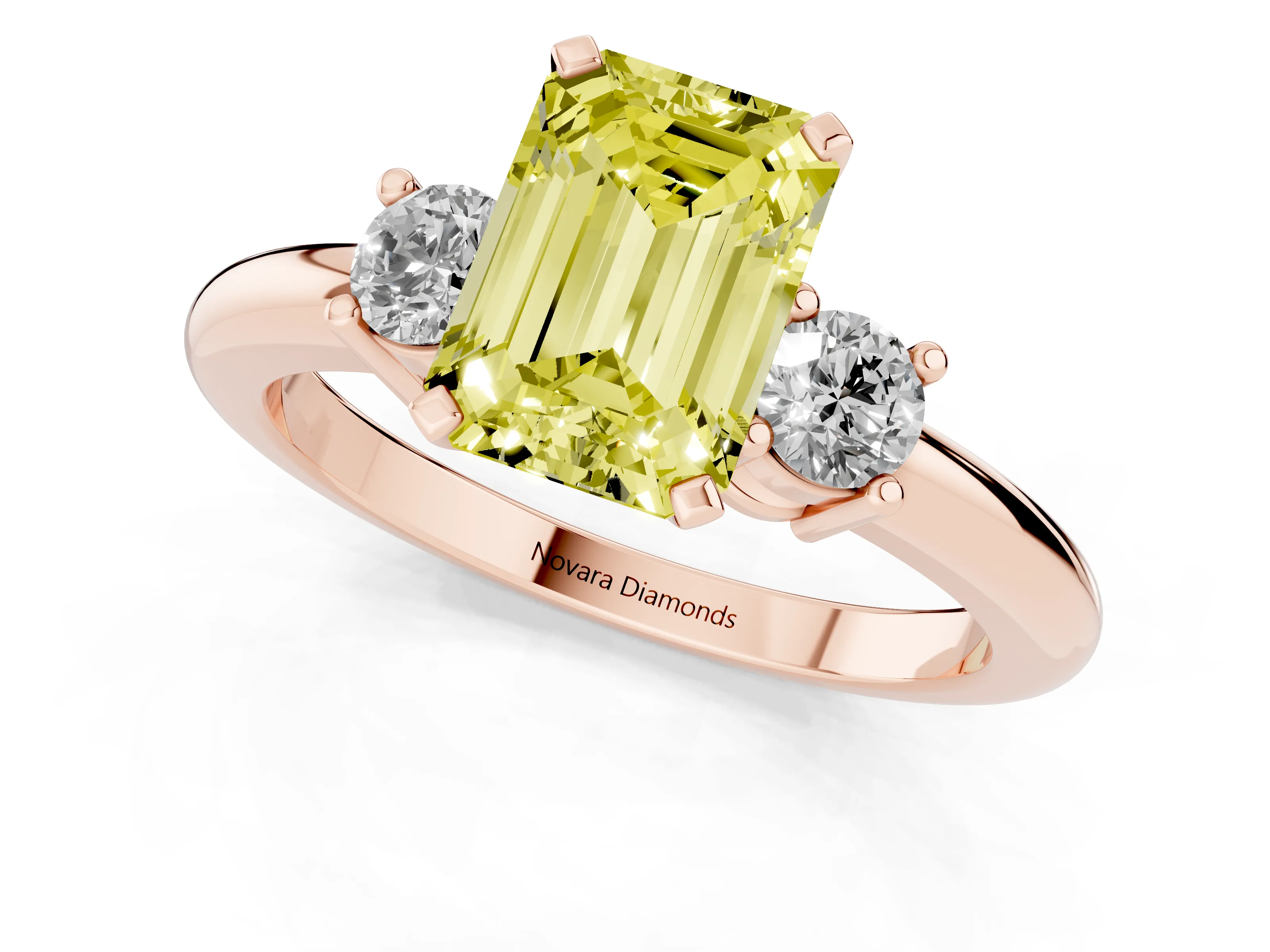 Fancy Yellow Three-Stone Emerald Cut Diamond Ring Set in Rose gold with Prong Setting and Plain Band