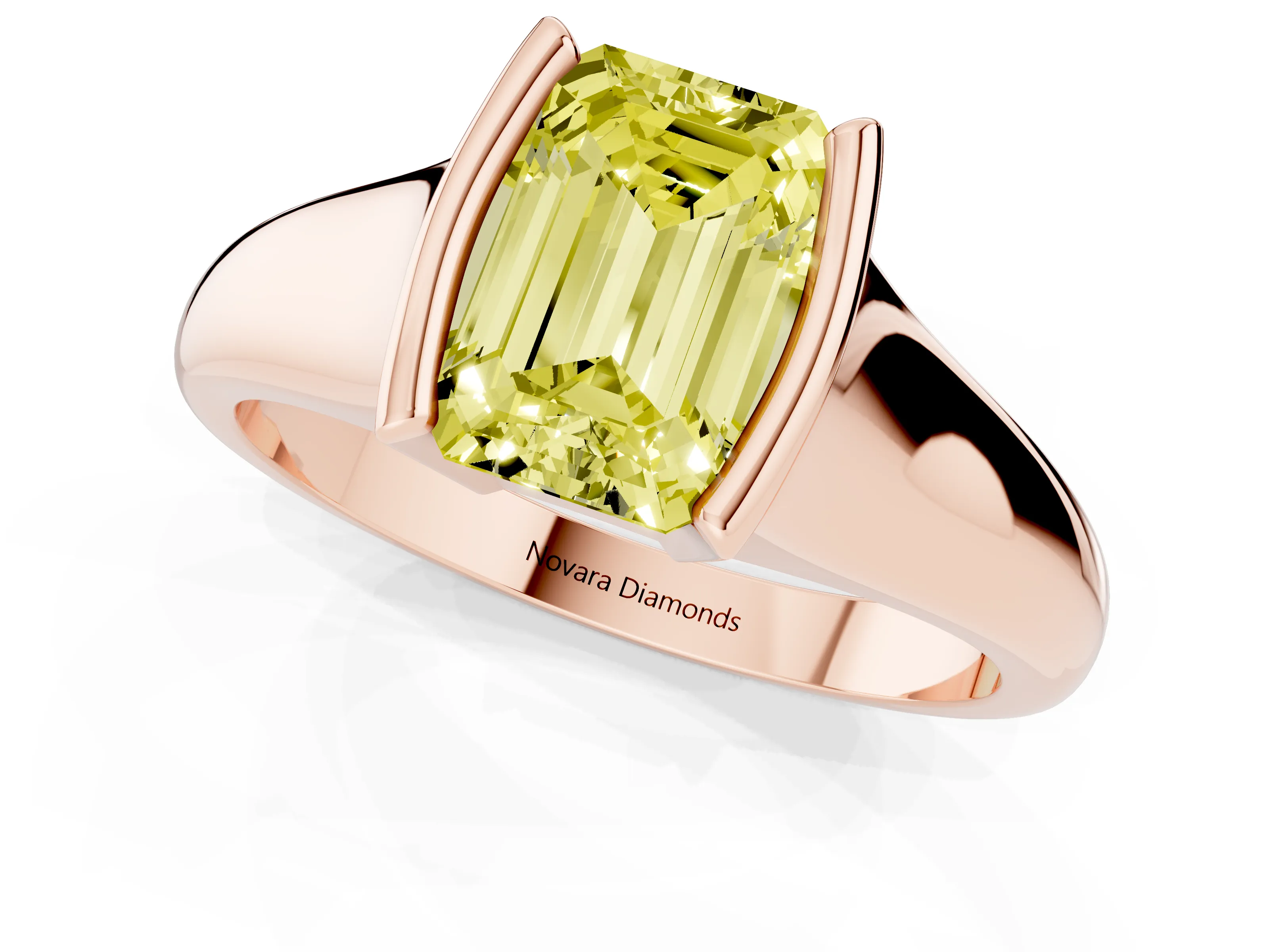 Fancy Yellow Emerald Cut Diamond Solitaire Tension Set Ring Set in Rose gold with Split Shank Band