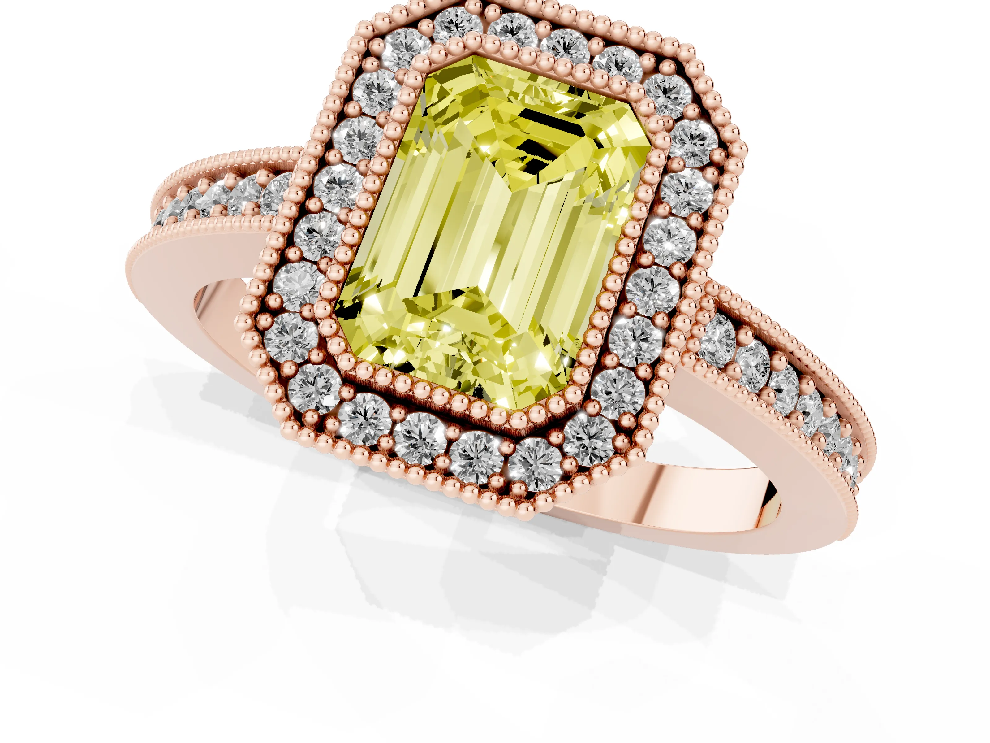 Fancy Yellow Emerald Cut Diamond Halo Engagement Ring Set in Rose gold with Pavé Band and Round Halo Stones