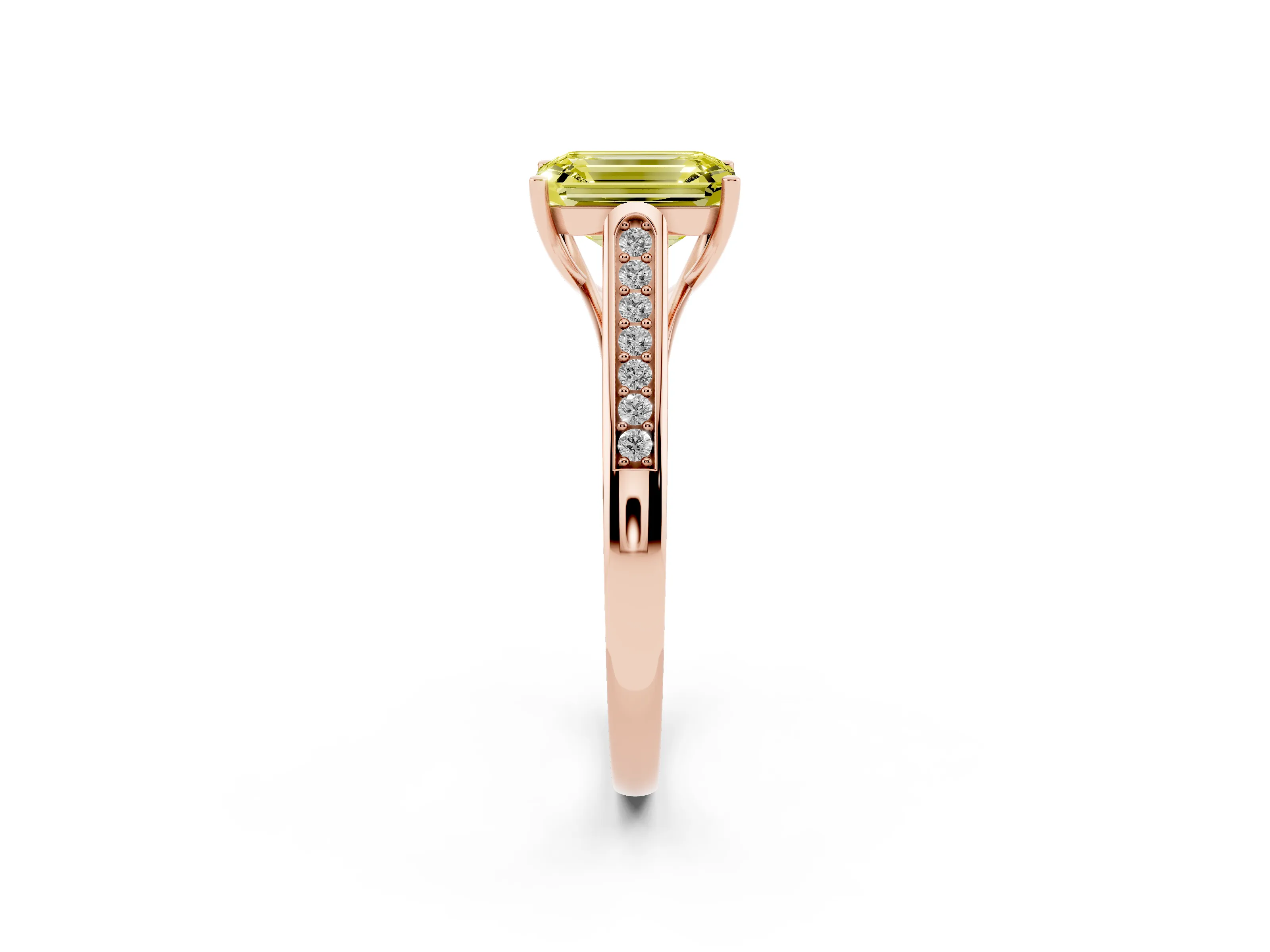 Fancy Yellow Emerald Cut Diamond Solitaire Cathedral Engagement Ring Set in Rose gold with Channel-Set Band and Prong Setting