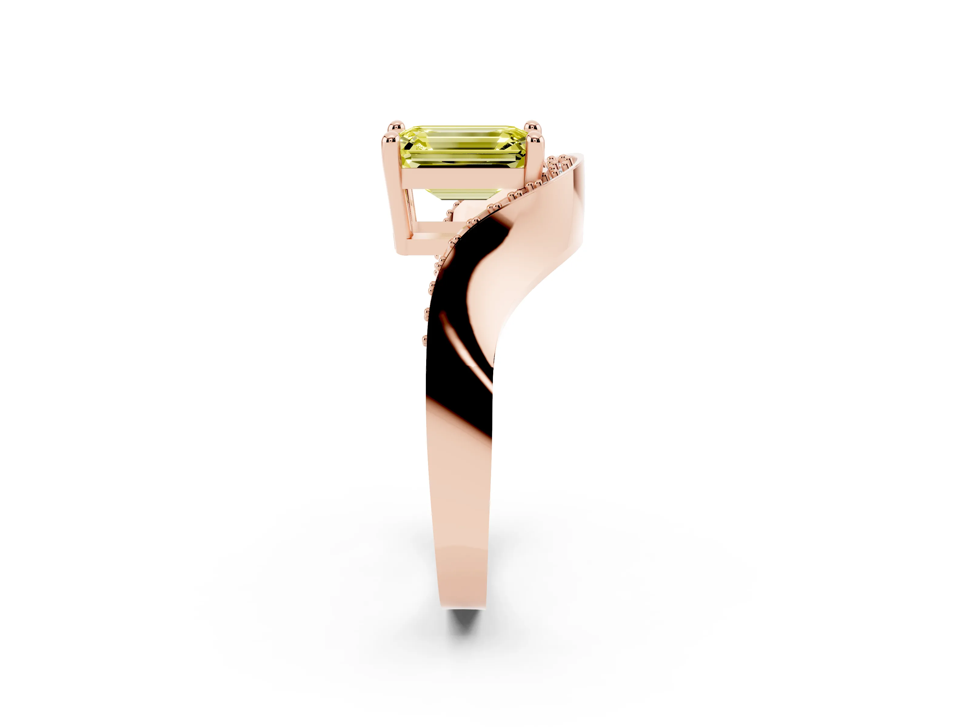 Fancy Yellow Emerald Cut Diamond Solitaire Engagement Ring Set in Rose gold with Pavé Shoulders