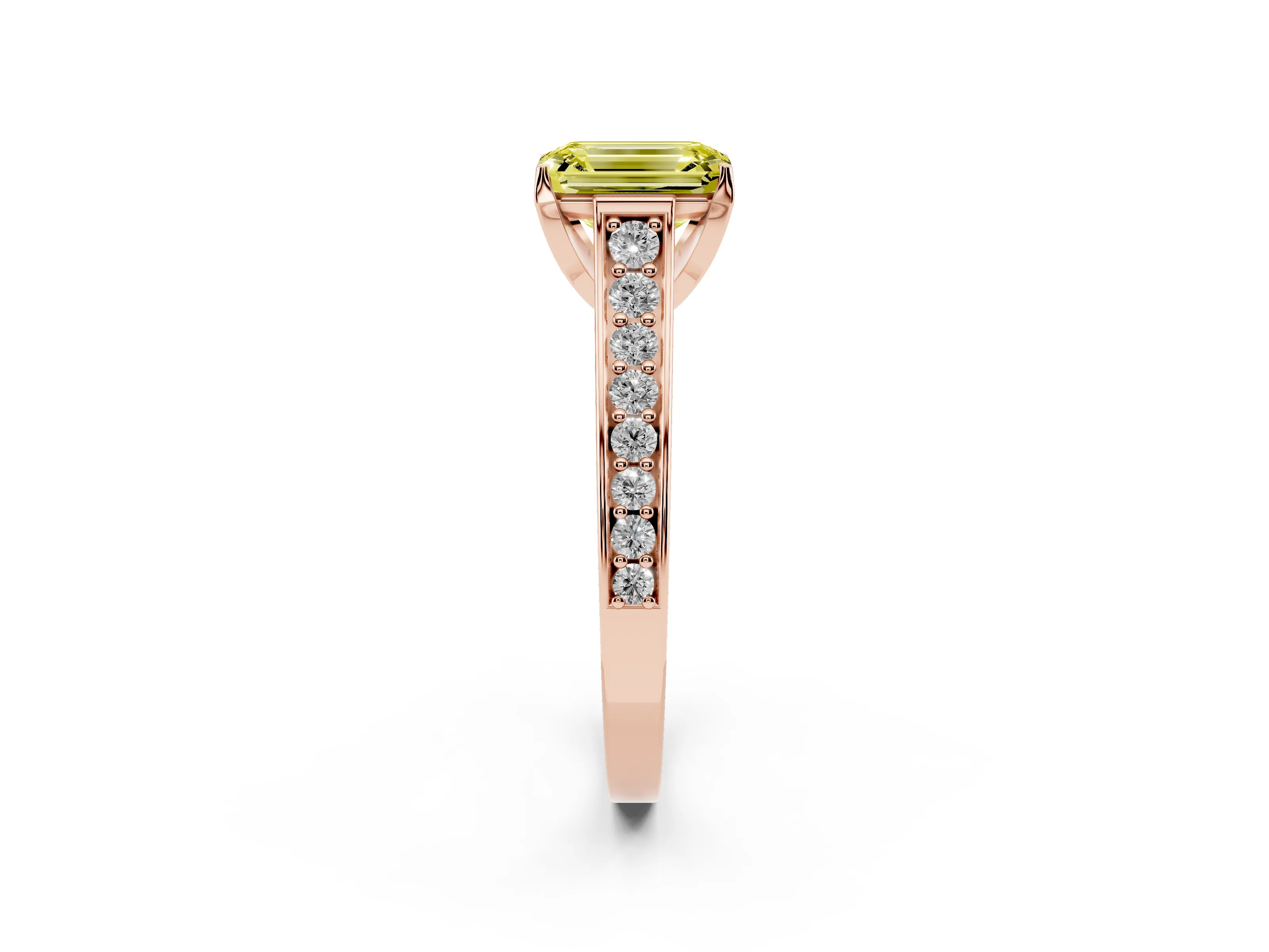 Fancy Yellow Emerald Cut Diamond Solitaire Pavé Engagement Ring Set in Rose gold with Prong Setting