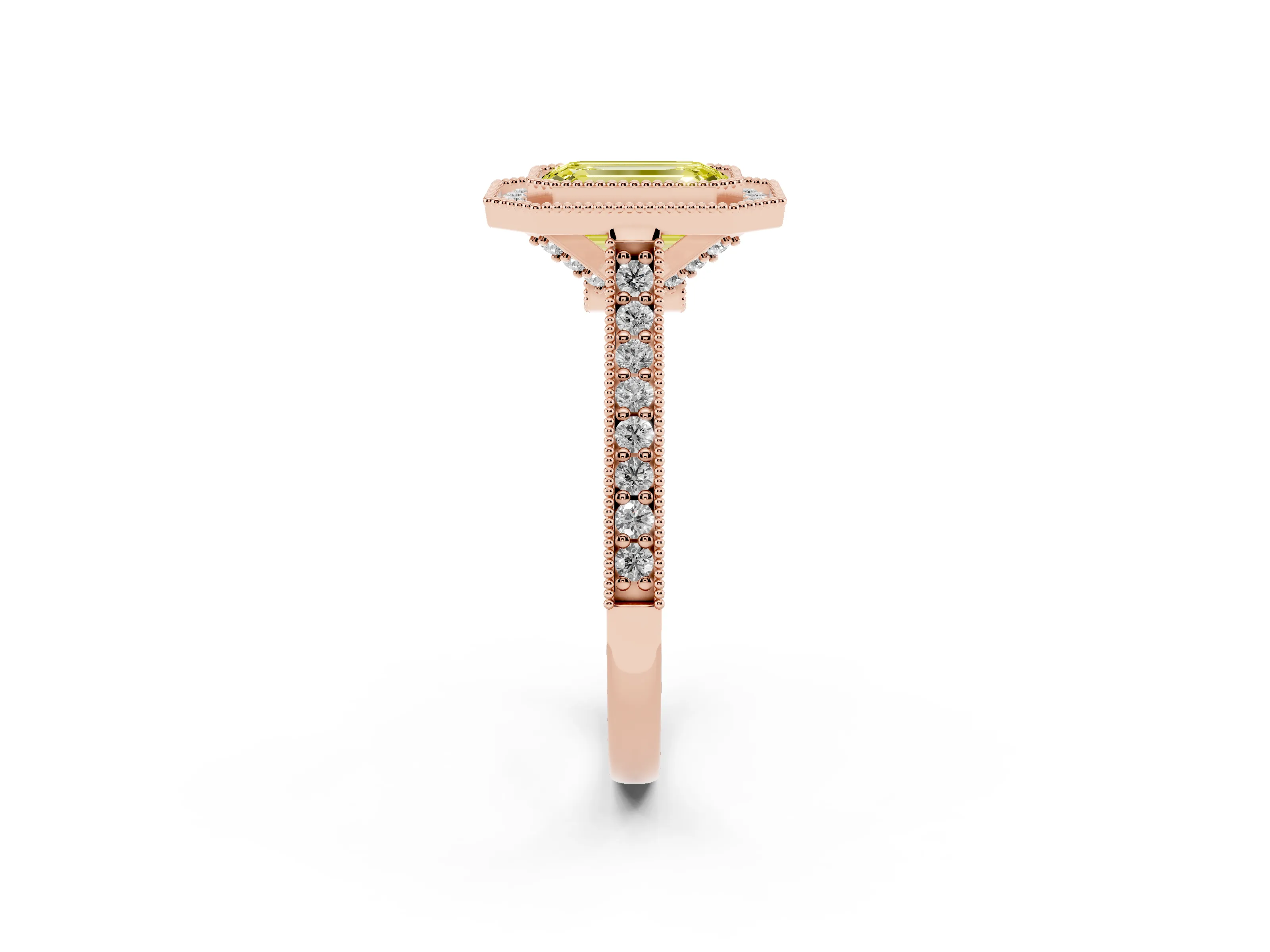 Fancy Yellow Emerald Cut Diamond Halo Milgrain Pavé Band Ring Set in Rose gold with Prong Setting