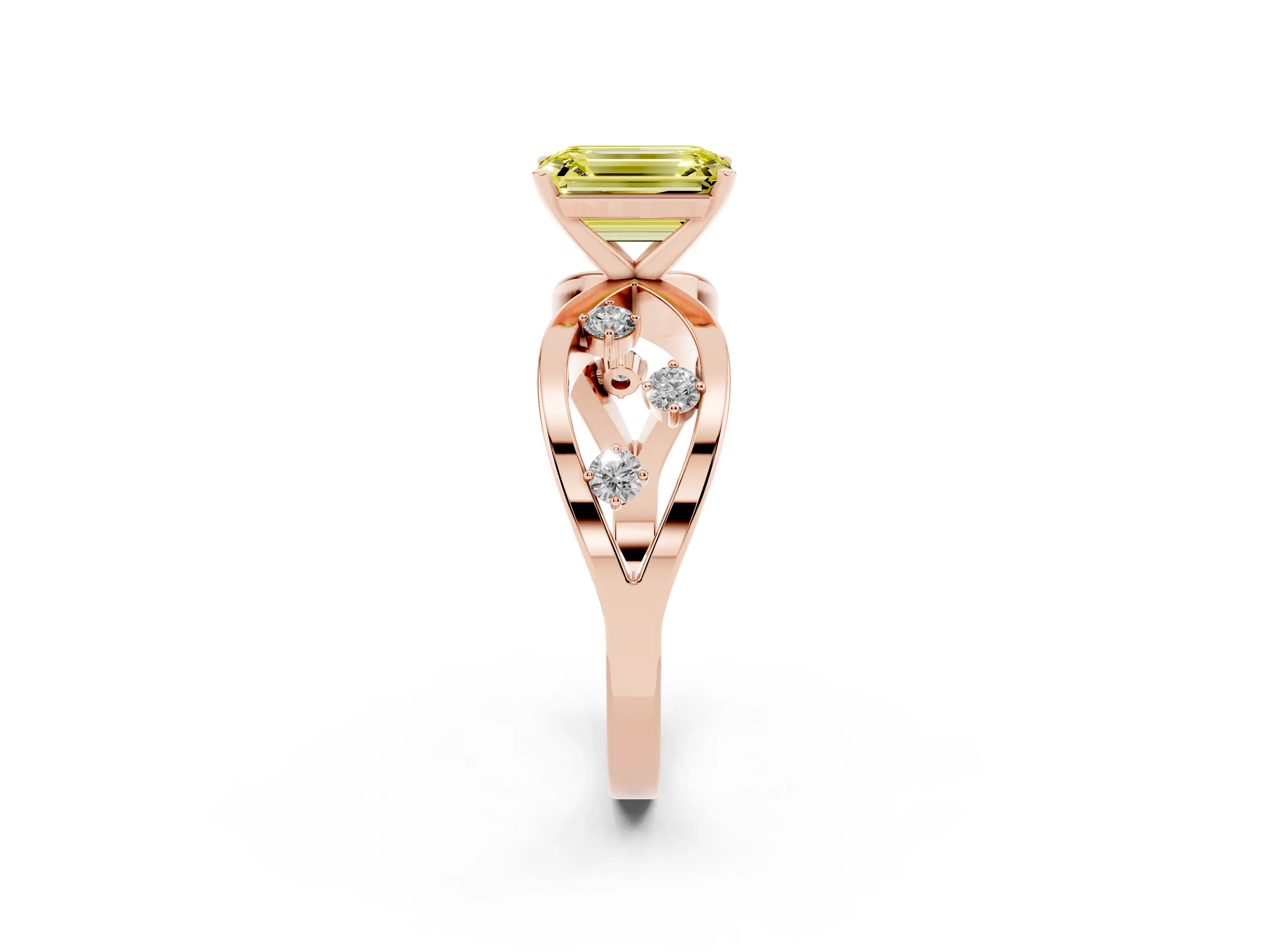 Fancy Yellow Emerald Cut Diamond Solitaire Ring Set in Rose gold with Side Stones on Criss-Cross Band and Prong Setting