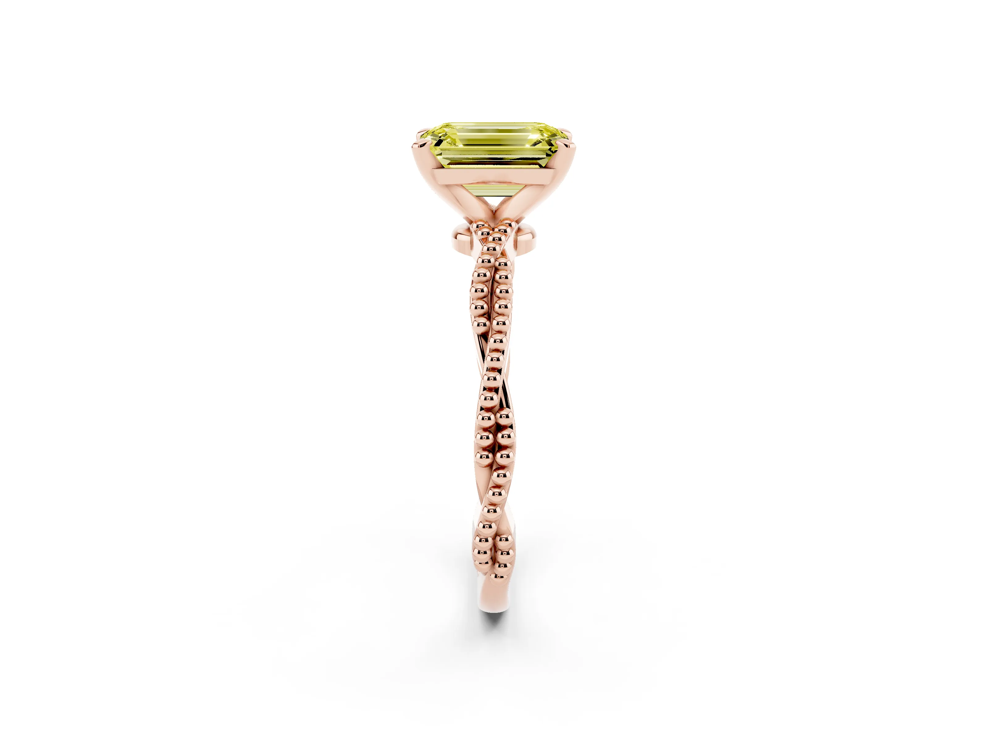 Fancy Yellow Emerald Cut Diamond Solitaire Ring Set in Rose gold with Twisted Band and Bead Prong Setting