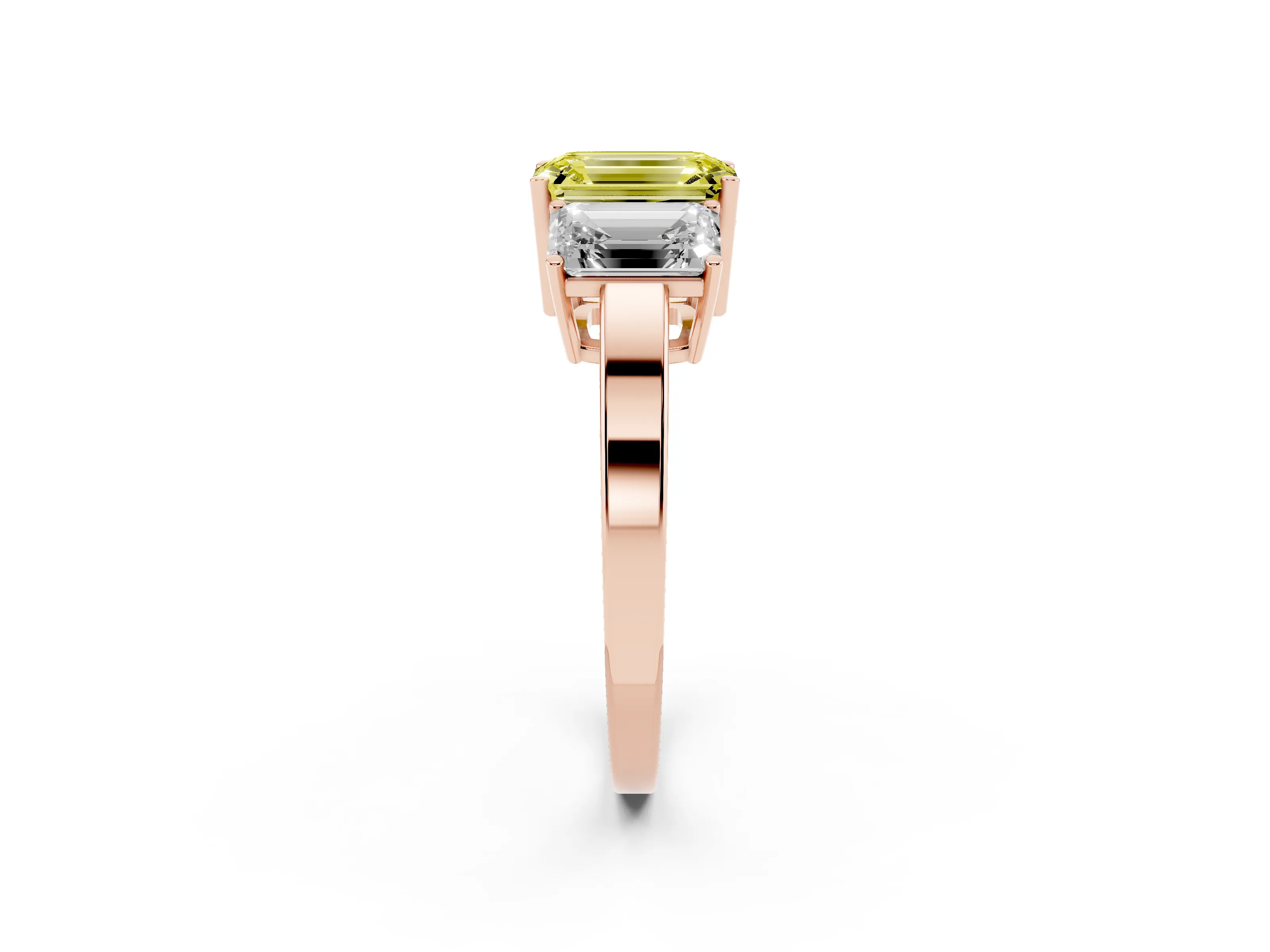 Fancy Yellow Emerald Cut Diamond Three-Stone Engagement Ring Set in Rose gold with Flat Band