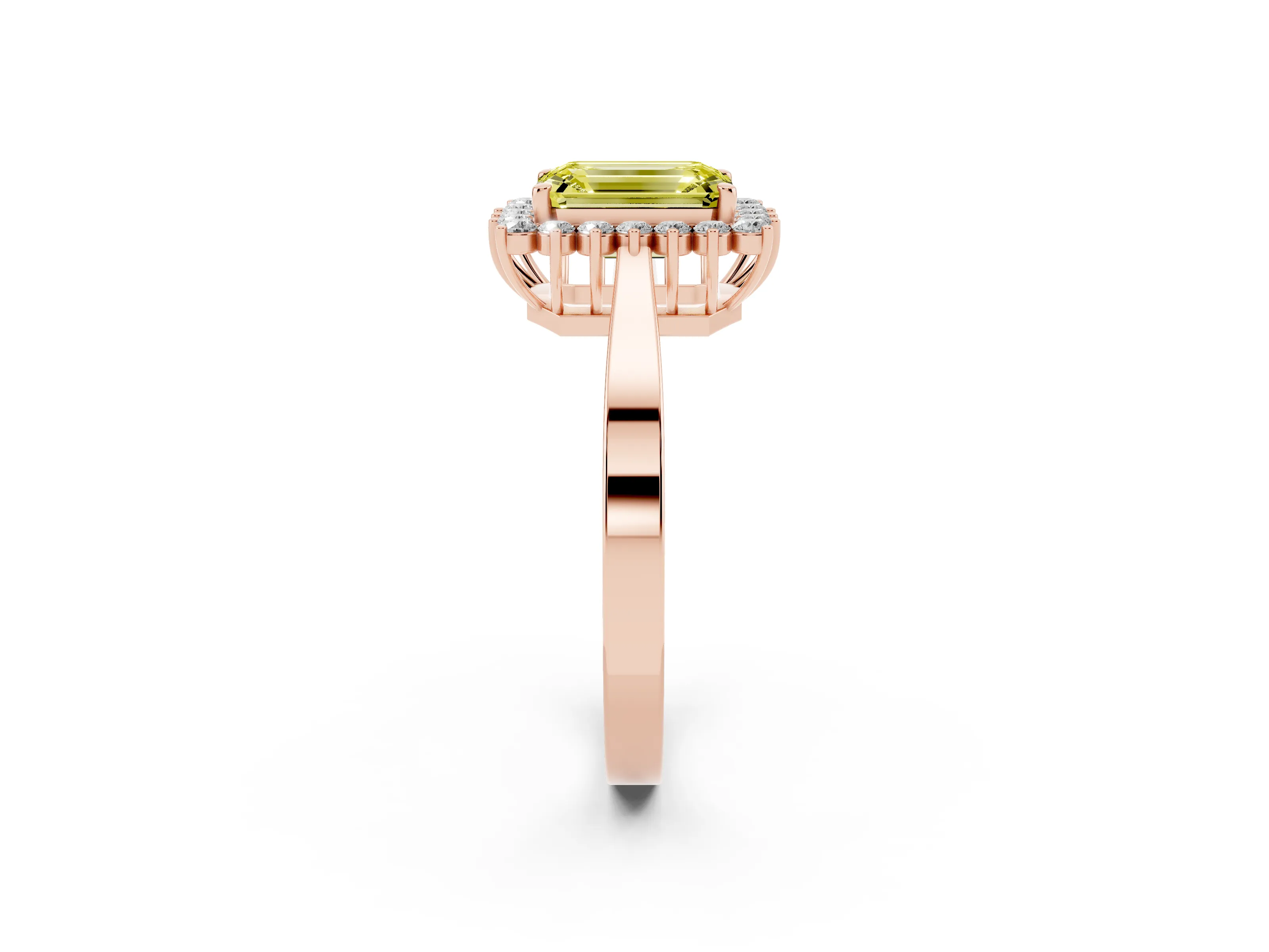 Fancy Yellow Emerald Cut Diamond Halo Ring Set in Rose gold with Round Halo and Smooth Solitaire Band