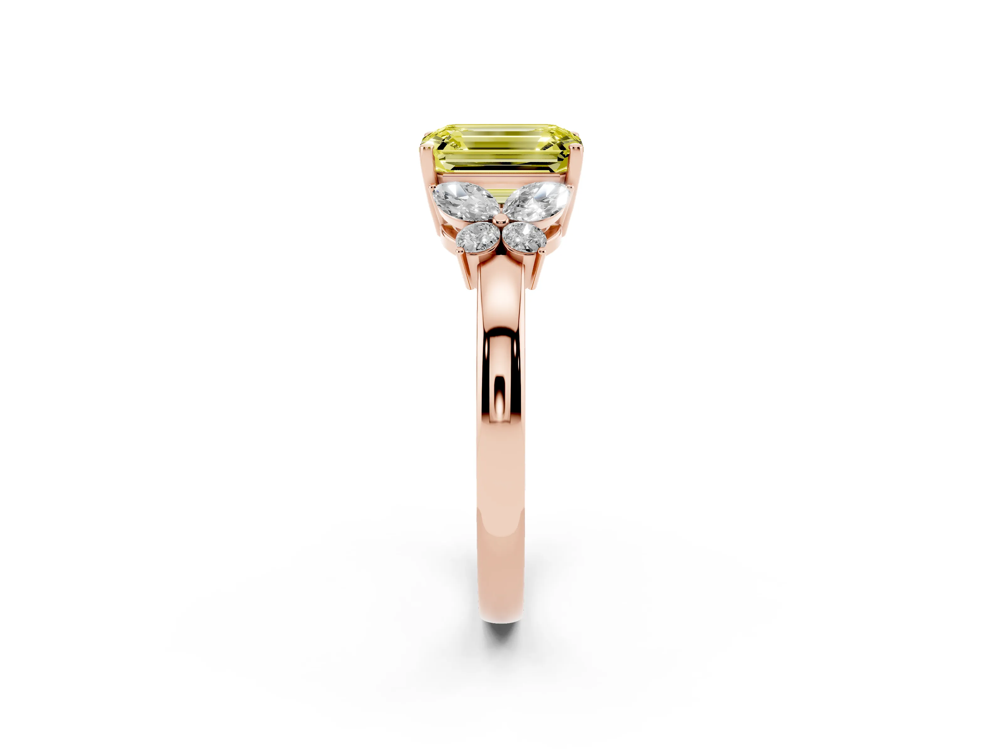 Fancy Yellow Emerald Cut Diamond Solitaire Floral Ring Set in Rose gold with Marquise Petals and Prong Setting