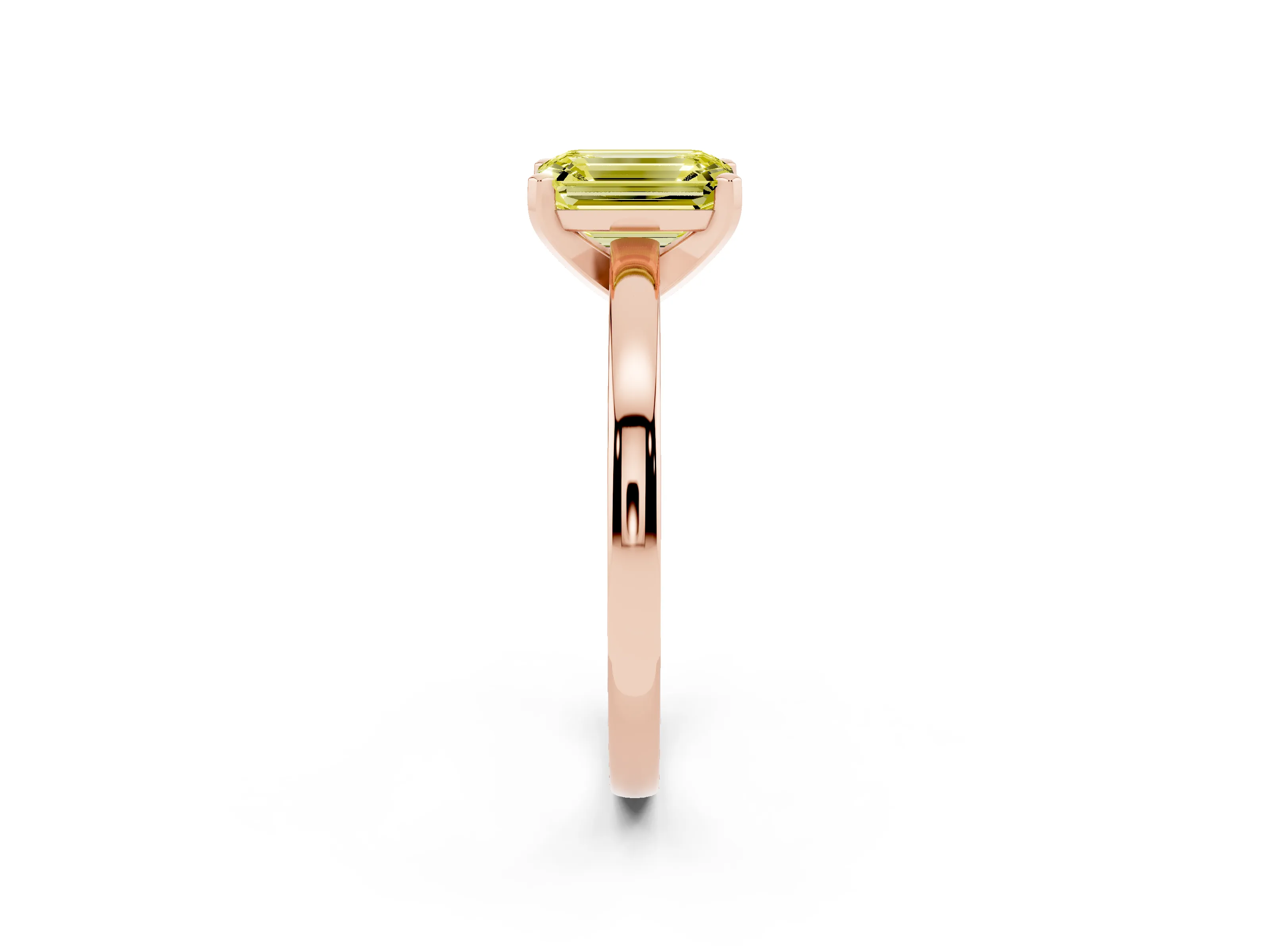 Fancy Yellow Emerald Cut Diamond Solitaire Engagement Ring Set in Rose gold with Prong Setting on a Classic Band