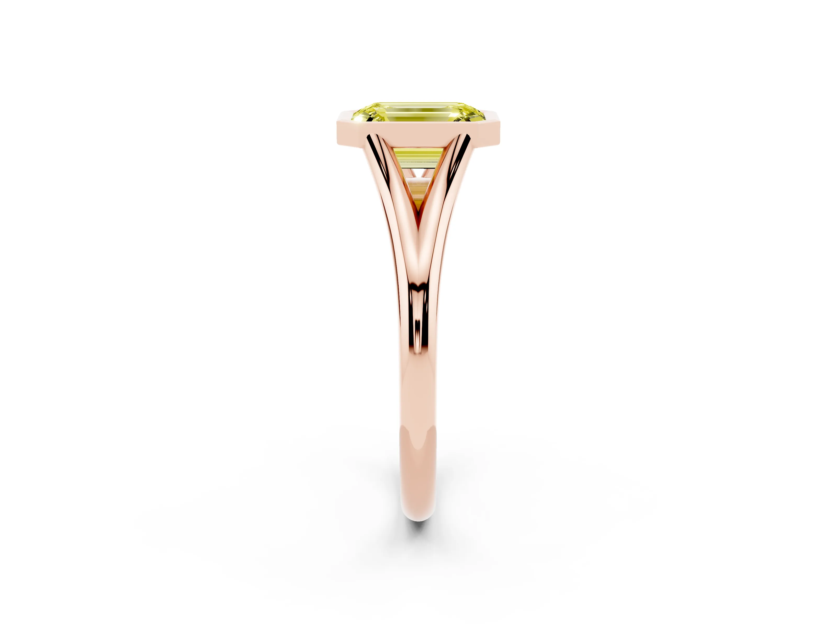 Fancy Yellow Bezel Set Emerald Cut Diamond Solitaire Ring Set in Rose gold with Tapered Band