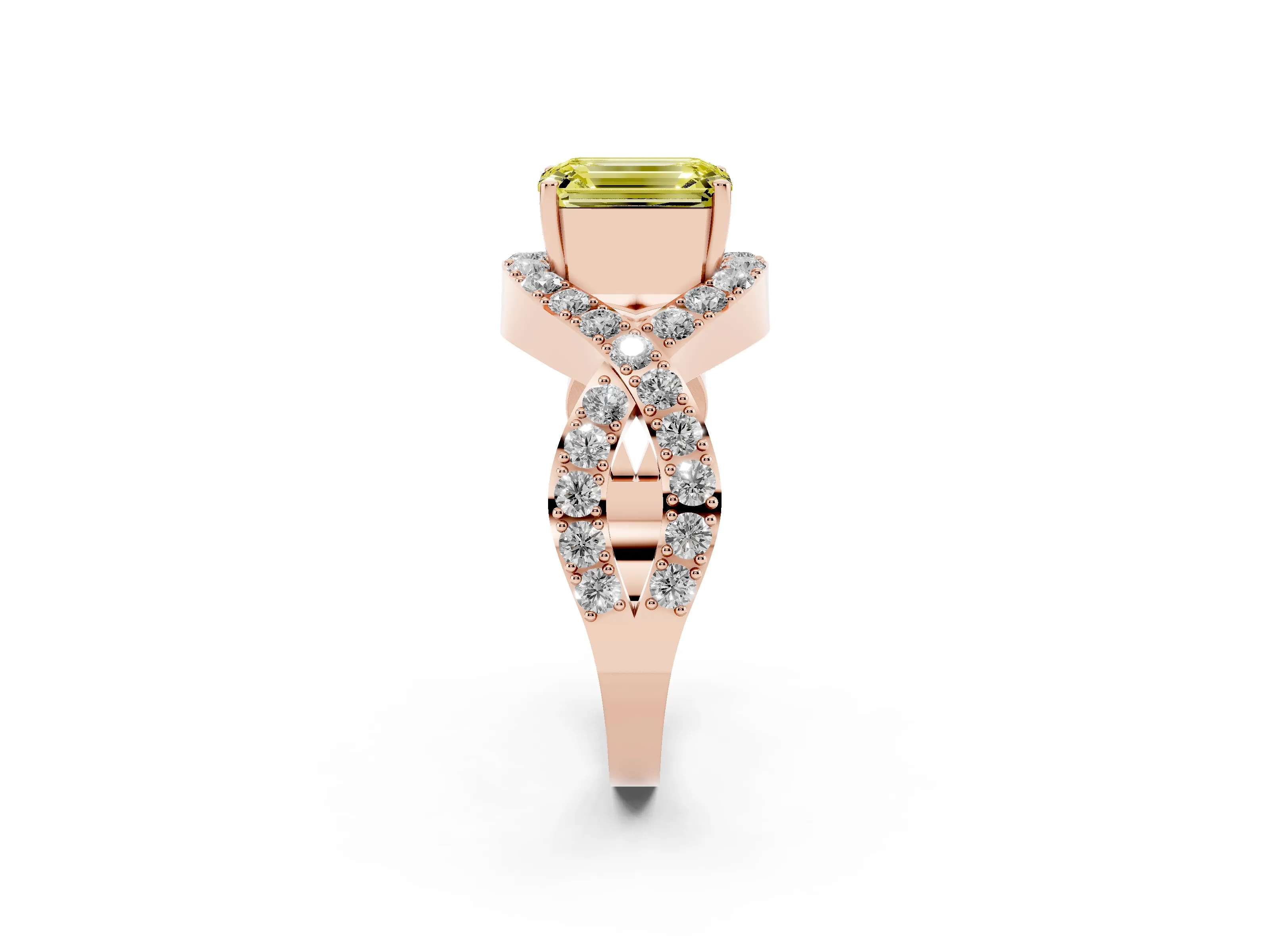 Fancy Yellow Emerald Cut Diamond Solitaire Twist Band Pavé Engagement Ring Set in Rose gold