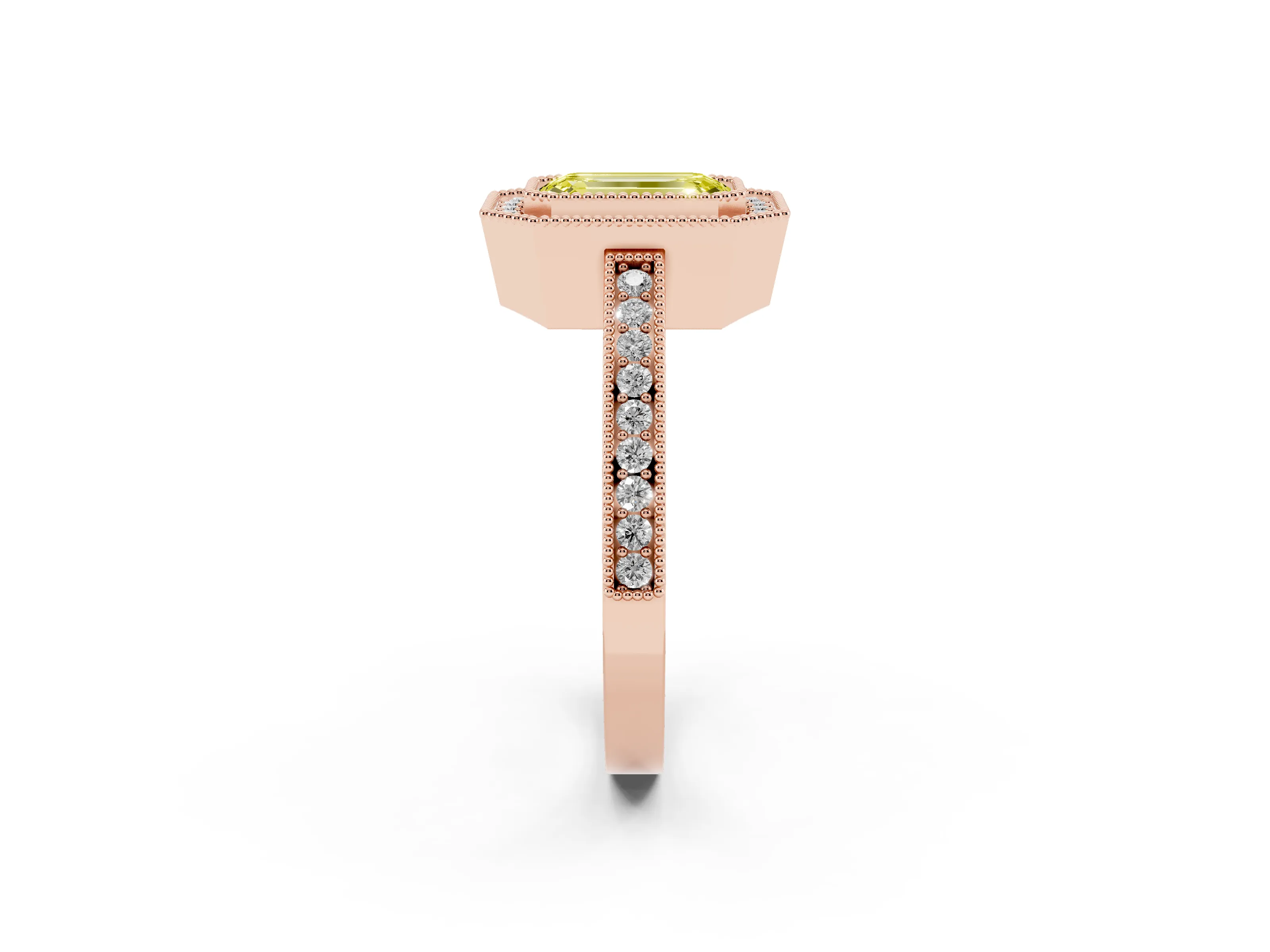 Fancy Yellow Emerald Cut Diamond Round Halo Ring Set in Rose gold with Pavé Band
