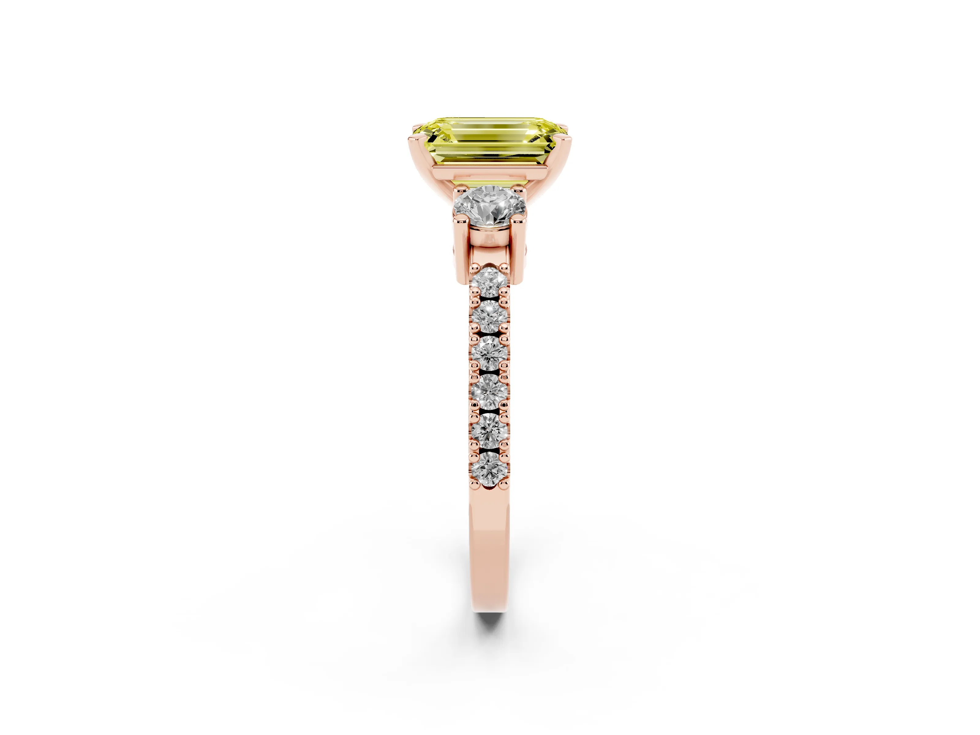 Fancy Yellow Three-Stone Emerald Cut Diamond Pavé Band Ring Set in Rose gold with Prong Setting