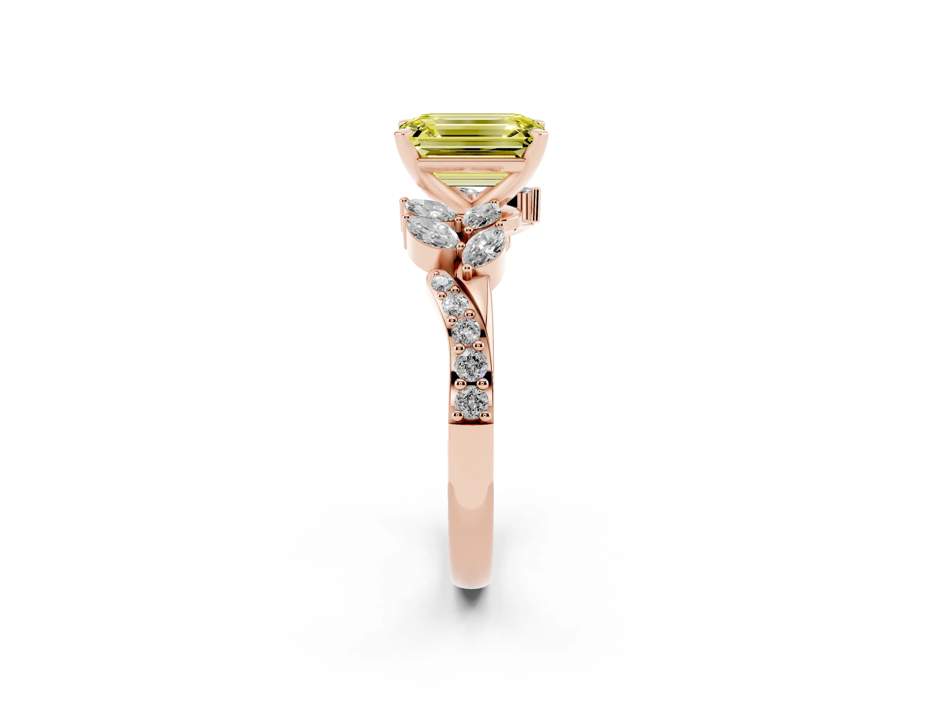 Fancy Yellow Emerald Cut Diamond Solitaire Ring Set in Rose gold with Marquise Twist Band and Prong Setting