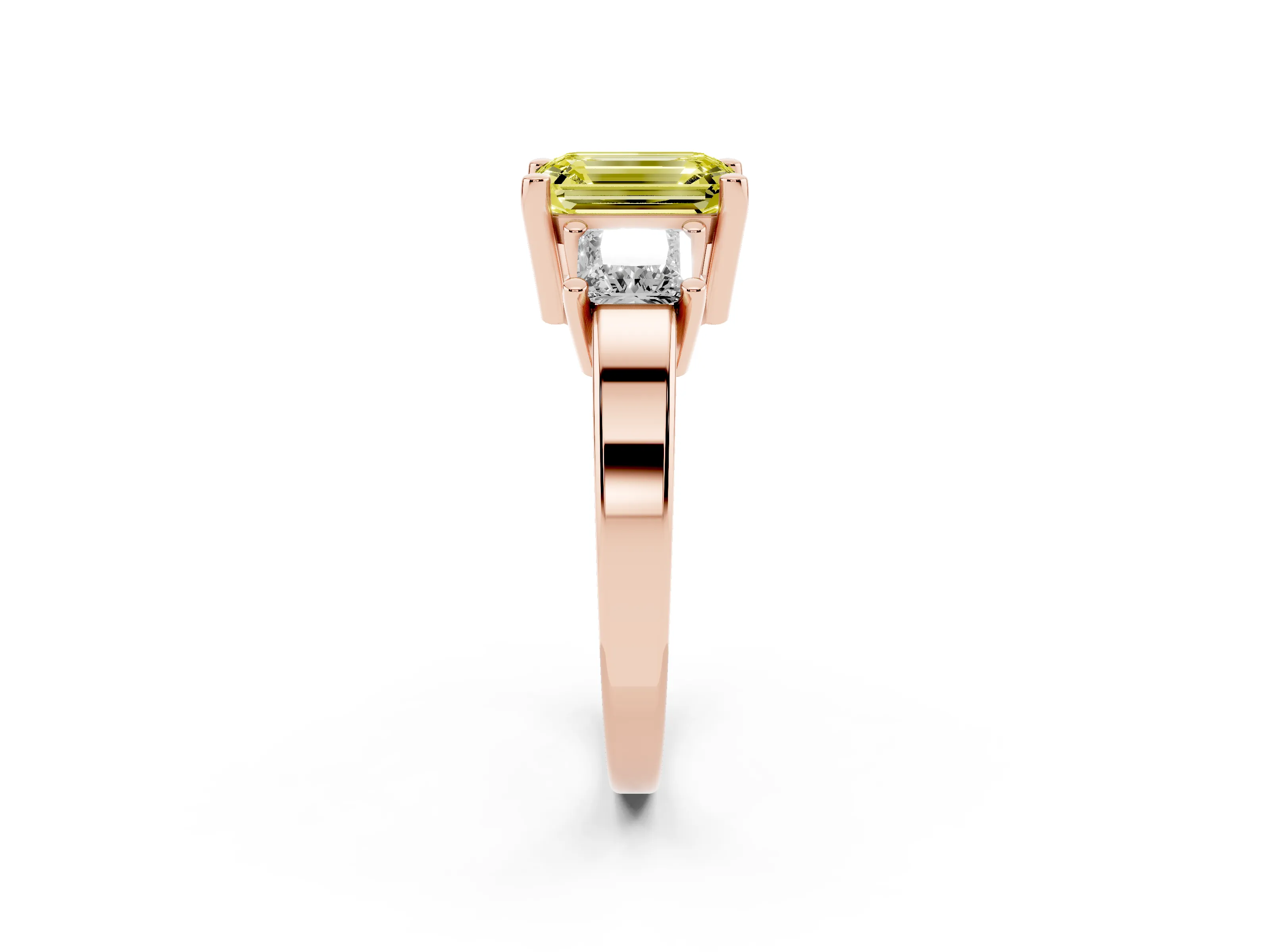 Fancy Yellow Three-Stone Emerald Cut Diamond Solitaire Ring Set in Rose gold with Prong Setting