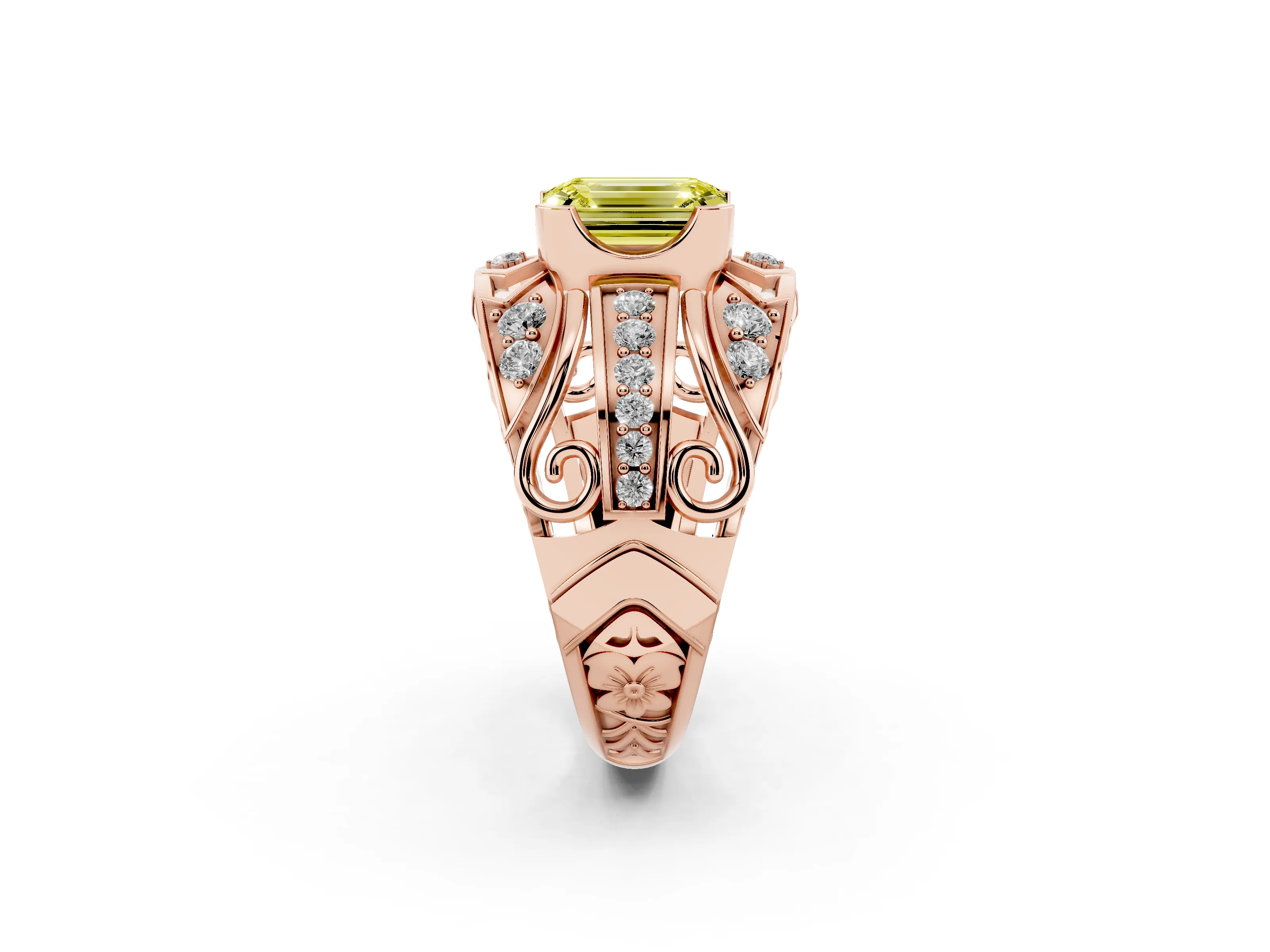 Fancy Yellow Emerald Cut Diamond Art Deco Ring Set in Rose gold with Pavé Split Shank