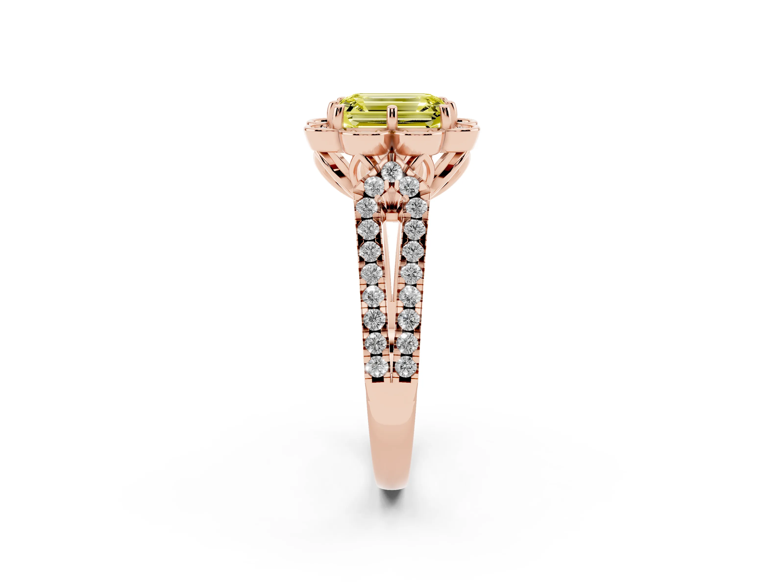 Fancy Yellow Emerald Cut Diamond Floral Halo Split Shank Engagement Ring Set in Rose gold with Pavé Shank
