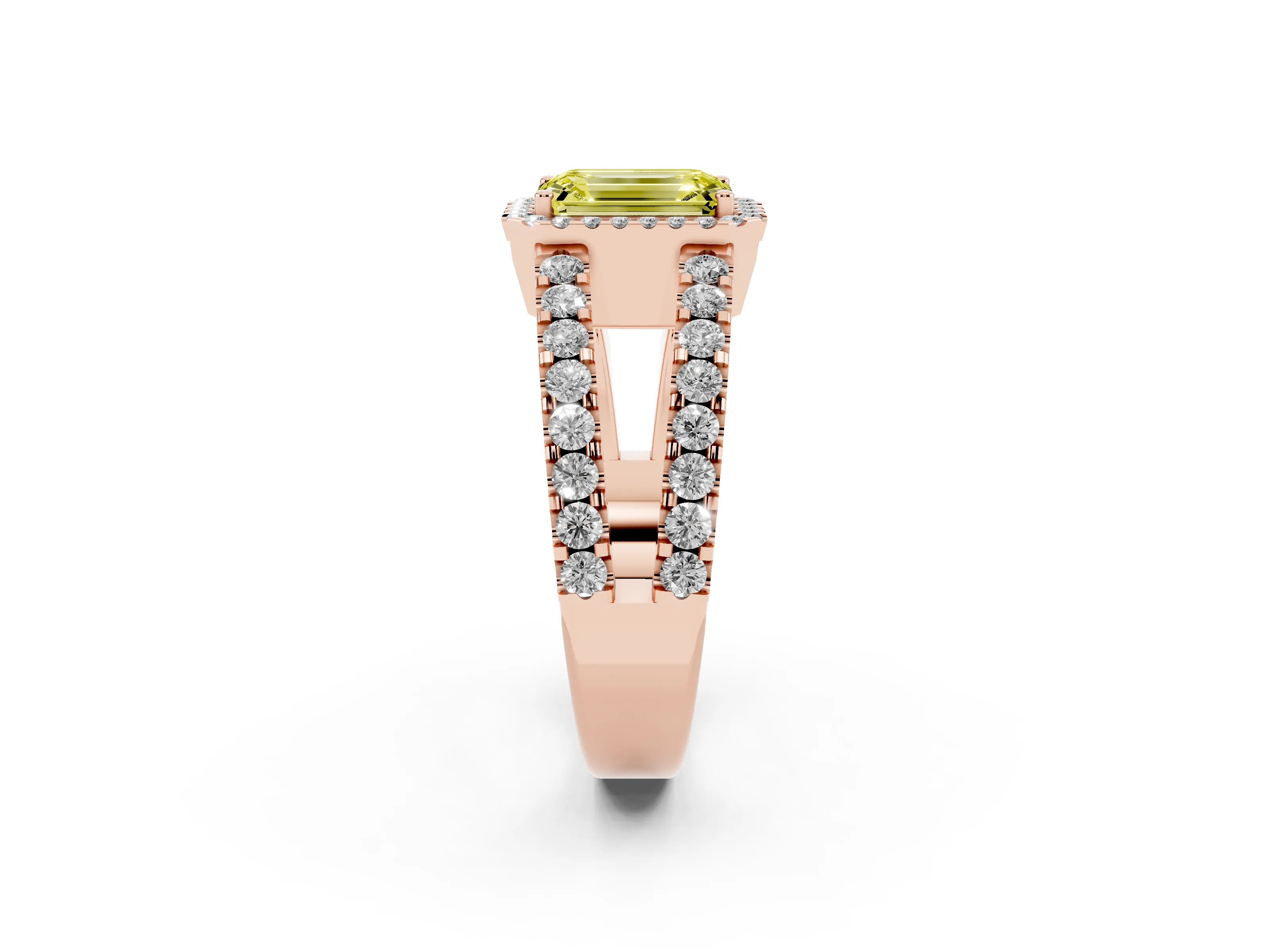 Fancy Yellow Emerald Cut Diamond Halo Ring Set in Rose gold with Pavé Split Shank and Prong Setting